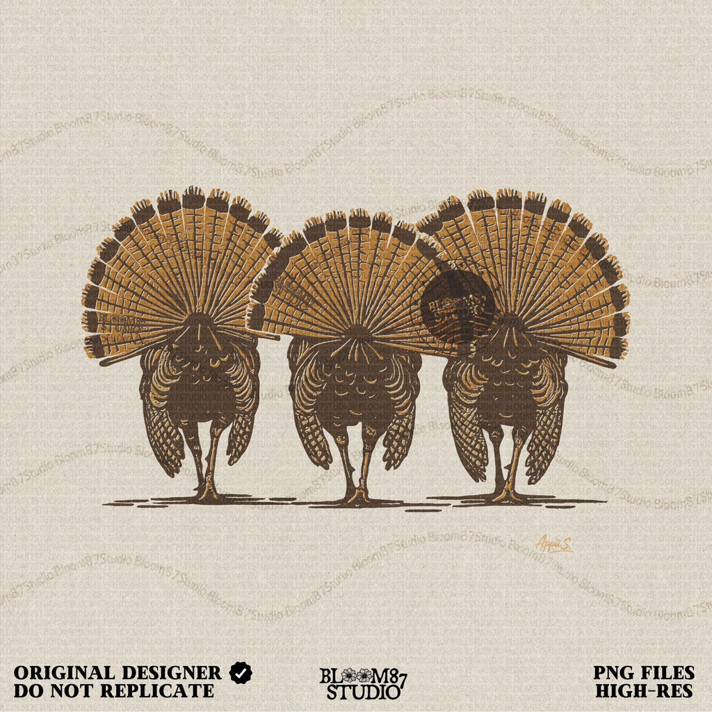 Solid version:
“Three wild turkeys with large tail feathers displayed – rustic turkey sublimation PNG for farmhouse crafts and hunting designs”

Distressed version:
“Vintage distressed turkey sublimation PNG of three wild turkeys with tail feathers fanned out – rustic hunting and farmhouse shirt design”
