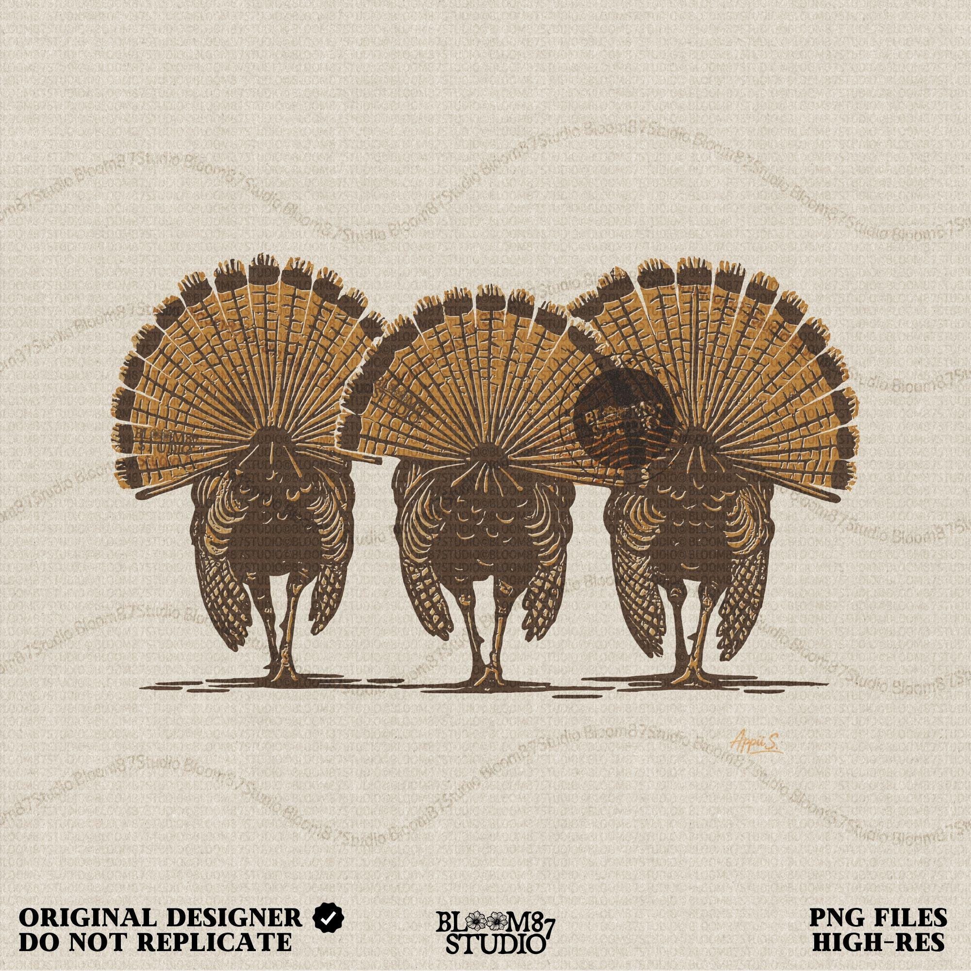 Solid version:
“Three wild turkeys with large tail feathers displayed – rustic turkey sublimation PNG for farmhouse crafts and hunting designs”

Distressed version:
“Vintage distressed turkey sublimation PNG of three wild turkeys with tail feathers fanned out – rustic hunting and farmhouse shirt design”