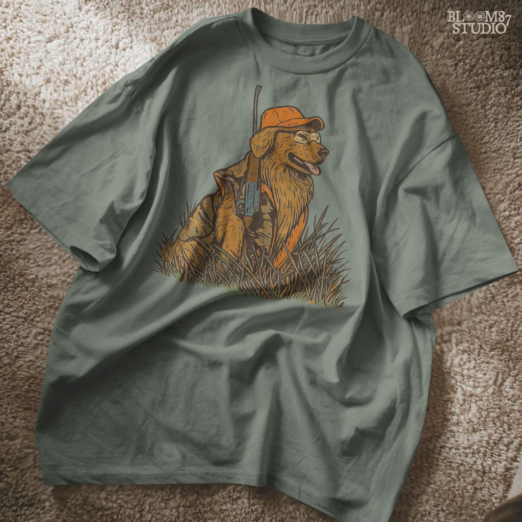 Solid version:
“Golden retriever hunting dog wearing orange camo with rifle sitting in tall grass – rustic hunting sublimation PNG for crafts and shirts”

Distressed version:
“Vintage distressed hunting sublimation PNG of golden retriever dog in orange camo with rifle sitting in tall grass – rustic outdoor shirt design”