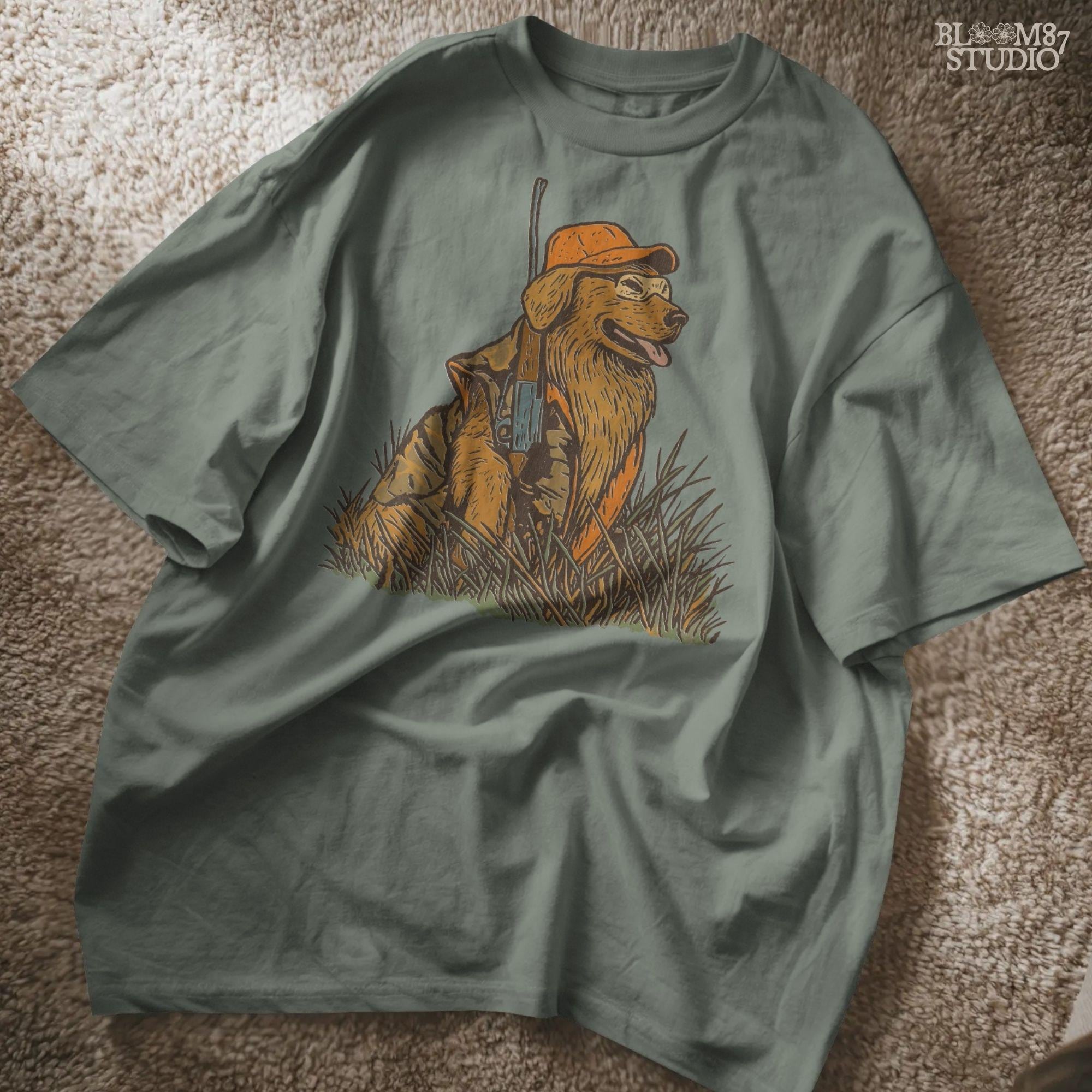 Solid version:
“Golden retriever hunting dog wearing orange camo with rifle sitting in tall grass – rustic hunting sublimation PNG for crafts and shirts”

Distressed version:
“Vintage distressed hunting sublimation PNG of golden retriever dog in orange camo with rifle sitting in tall grass – rustic outdoor shirt design”