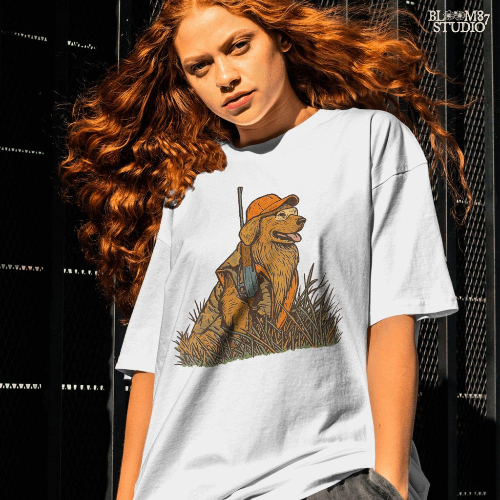 Solid version:
“Golden retriever hunting dog wearing orange camo with rifle sitting in tall grass – rustic hunting sublimation PNG for crafts and shirts”

Distressed version:
“Vintage distressed hunting sublimation PNG of golden retriever dog in orange camo with rifle sitting in tall grass – rustic outdoor shirt design”