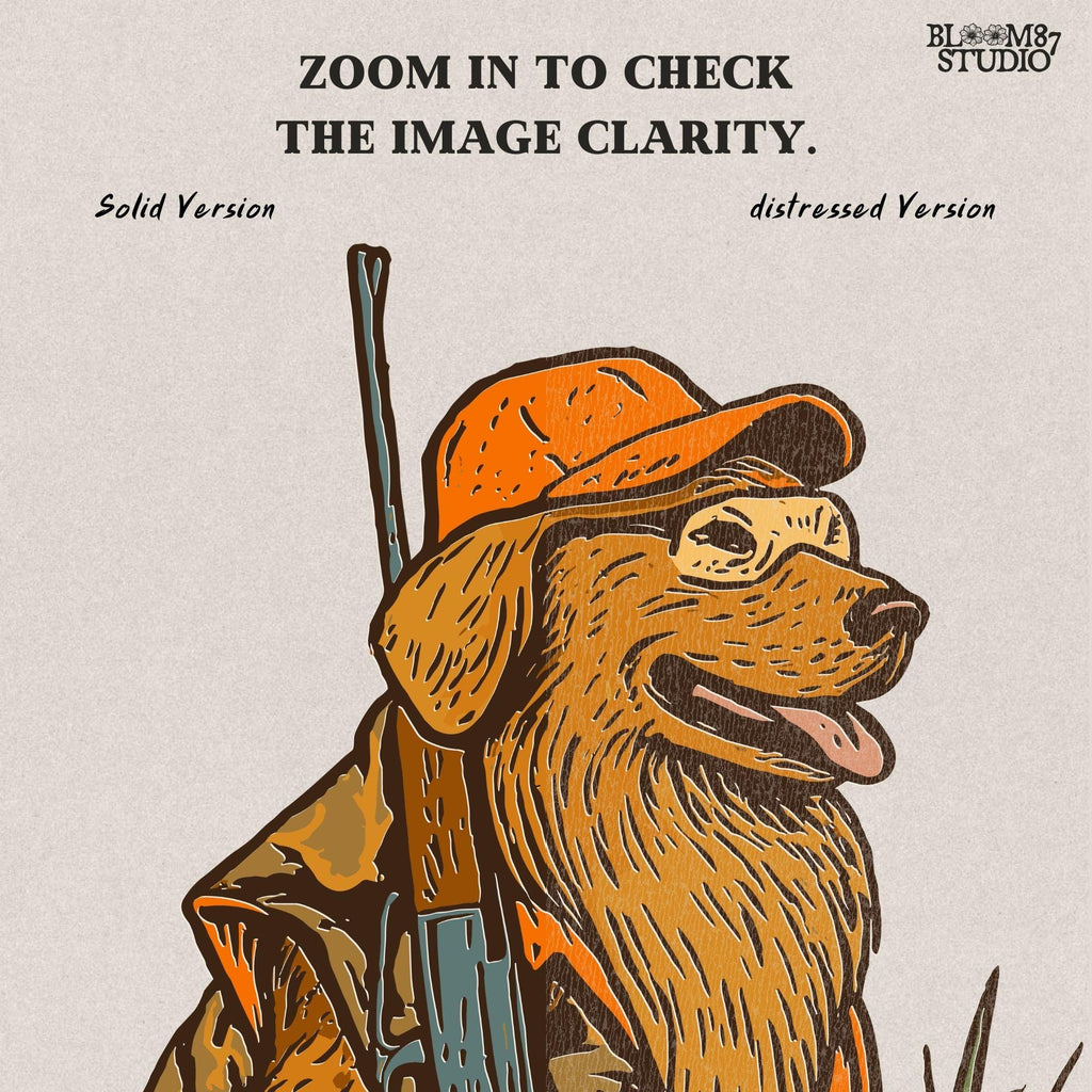 Solid version:
“Golden retriever hunting dog wearing orange camo with rifle sitting in tall grass – rustic hunting sublimation PNG for crafts and shirts”

Distressed version:
“Vintage distressed hunting sublimation PNG of golden retriever dog in orange camo with rifle sitting in tall grass – rustic outdoor shirt design”