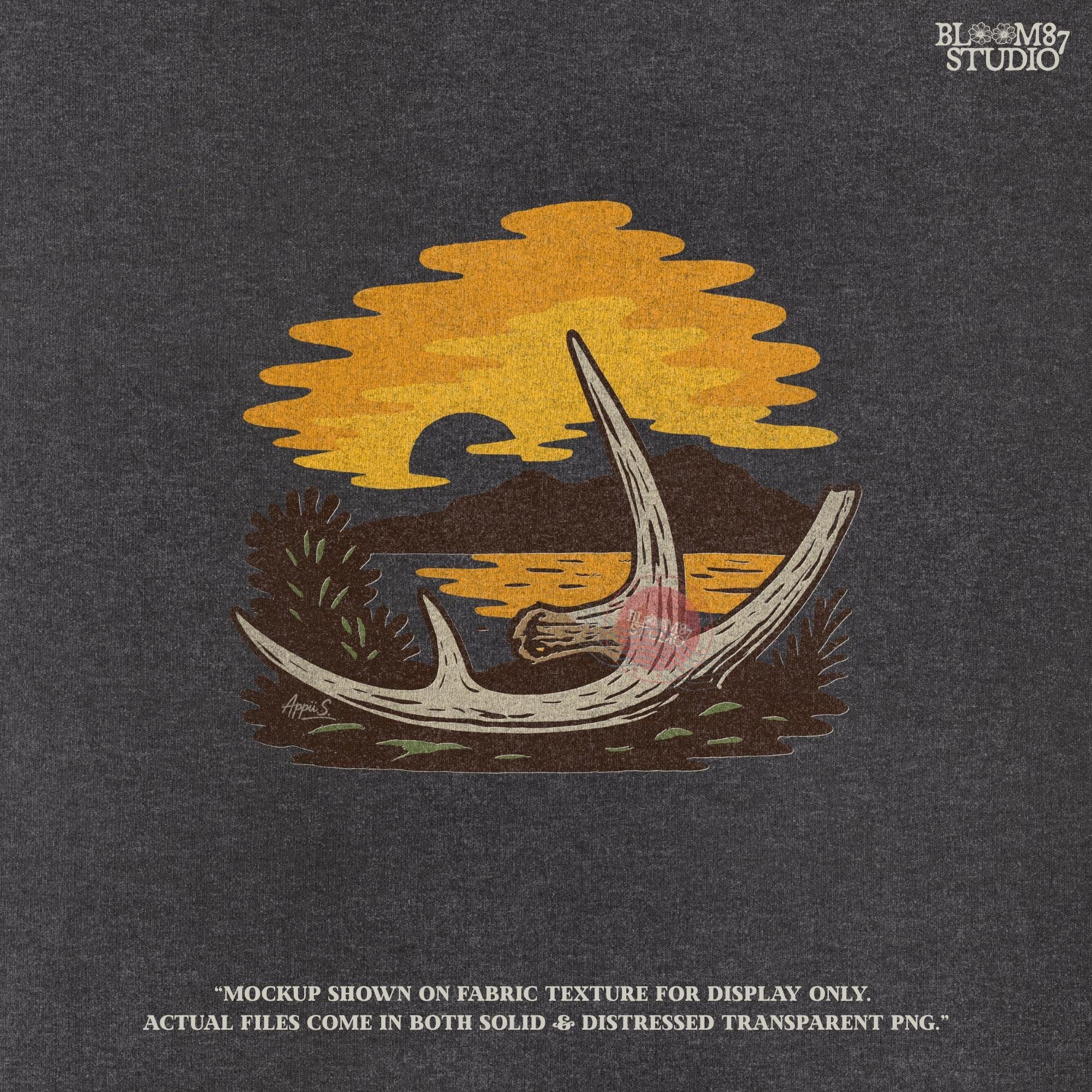 Solid version:
“Deer shed antlers on ground with fall sunset, mountains, and lake – rustic autumn antler sublimation PNG for shirts and crafts”

Distressed version:
“Vintage distressed sublimation PNG of deer shed antlers at autumn sunset by mountains and lake – rustic hunting season design”