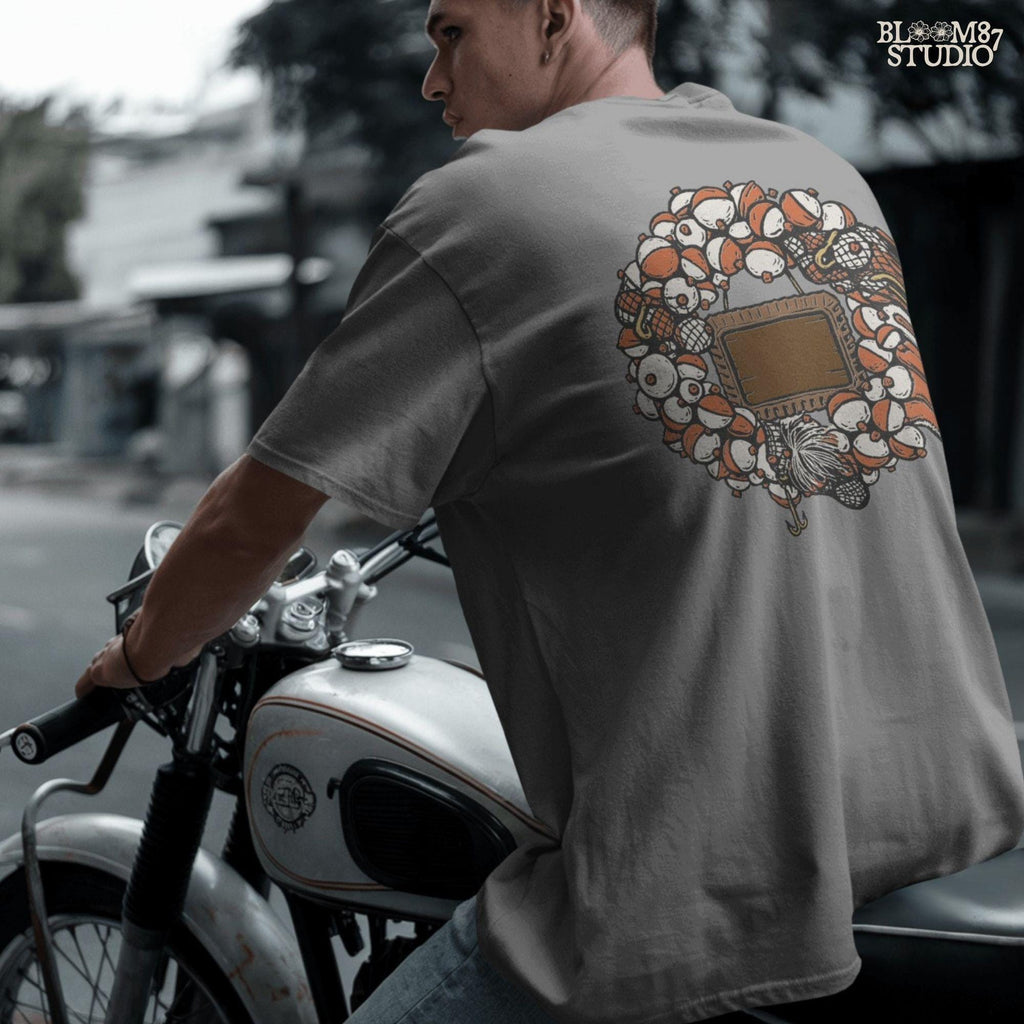 Solid version:
“Christmas fishing wreath made of bobbers, hooks, and tackle with blank wooden sign – rustic holiday sublimation PNG for shirts and crafts”

Distressed version:
“Vintage distressed Christmas fishing wreath sublimation PNG of bobbers and tackle with blank sign – rustic holiday lodge décor design”