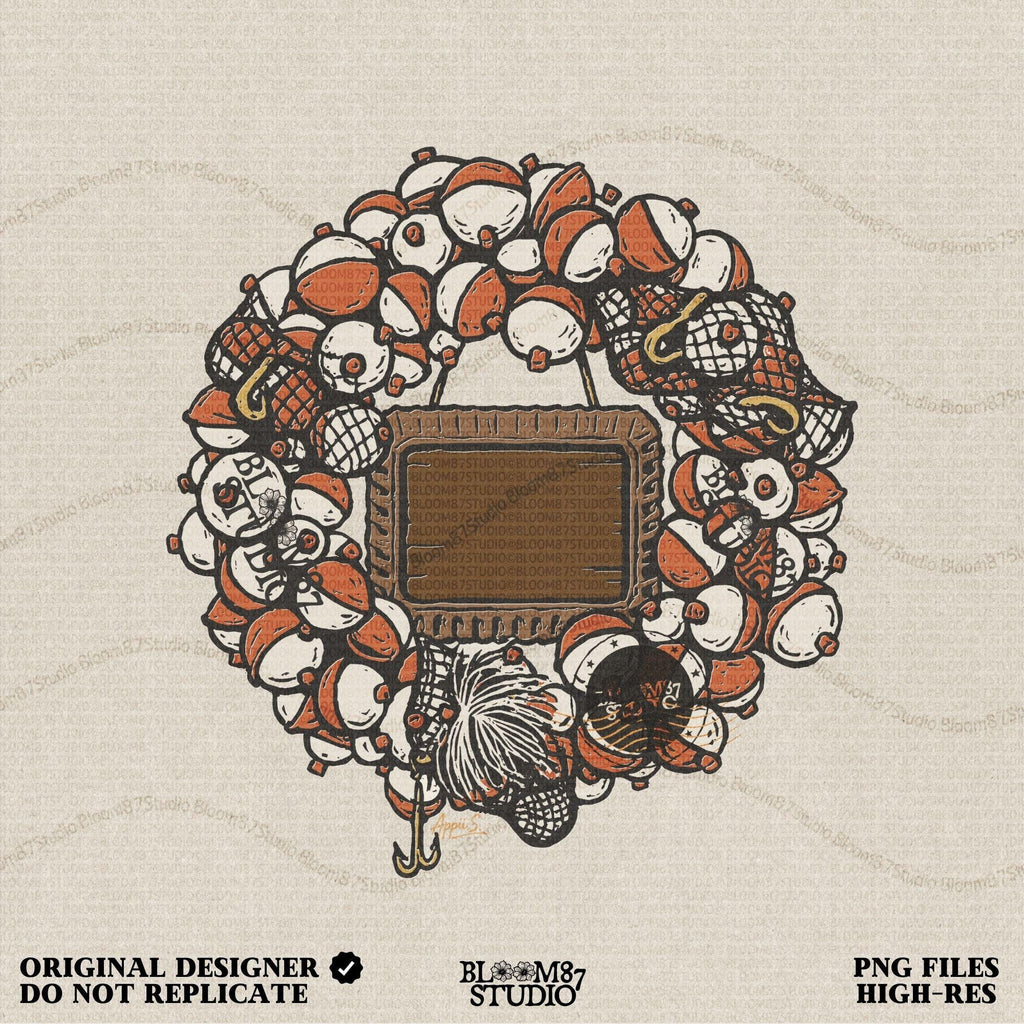 Solid version:
“Christmas fishing wreath made of bobbers, hooks, and tackle with blank wooden sign – rustic holiday sublimation PNG for shirts and crafts”

Distressed version:
“Vintage distressed Christmas fishing wreath sublimation PNG of bobbers and tackle with blank sign – rustic holiday lodge décor design”