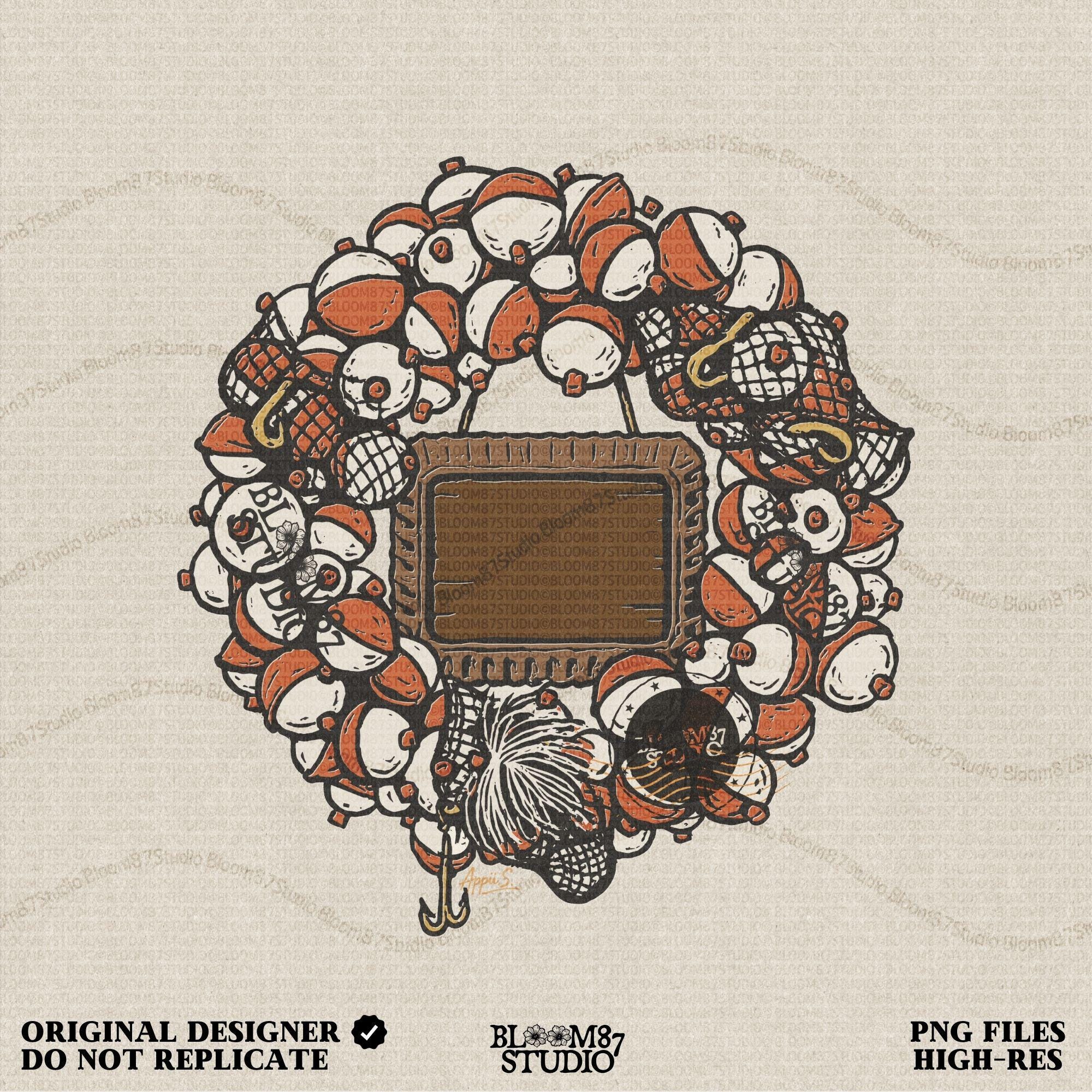 Solid version:
“Christmas fishing wreath made of bobbers, hooks, and tackle with blank wooden sign – rustic holiday sublimation PNG for shirts and crafts”

Distressed version:
“Vintage distressed Christmas fishing wreath sublimation PNG of bobbers and tackle with blank sign – rustic holiday lodge décor design”