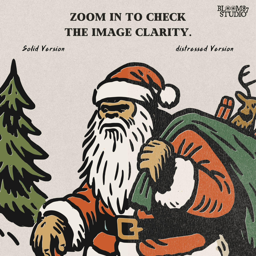 Solid version:
“Bigfoot dressed as Santa carrying green sack with reindeer and gifts in woodland scene – Christmas sublimation PNG for holiday crafts”

Distressed version:
“Vintage distressed sublimation PNG of Santa Bigfoot with sack of gifts and reindeer in rustic woodland scene – Christmas holiday shirt design”