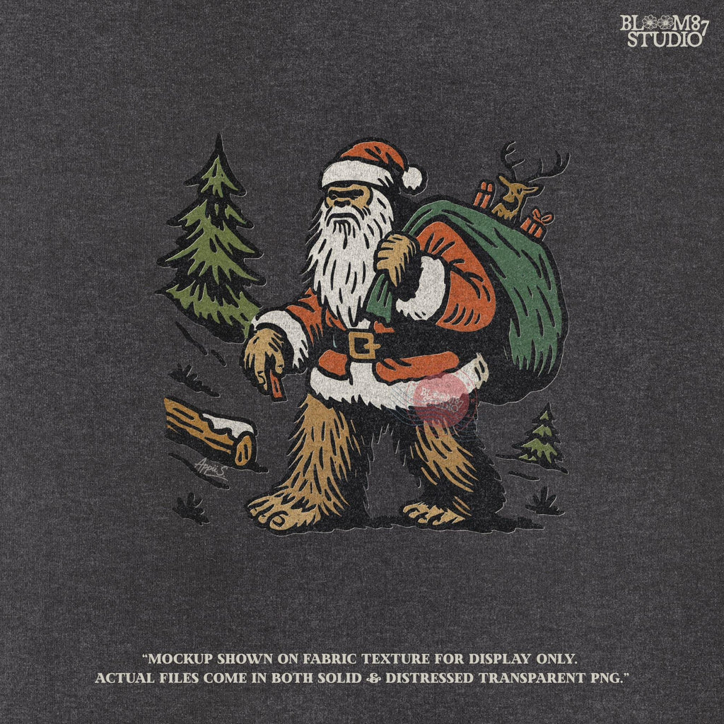 Solid version:
“Bigfoot dressed as Santa carrying green sack with reindeer and gifts in woodland scene – Christmas sublimation PNG for holiday crafts”

Distressed version:
“Vintage distressed sublimation PNG of Santa Bigfoot with sack of gifts and reindeer in rustic woodland scene – Christmas holiday shirt design”