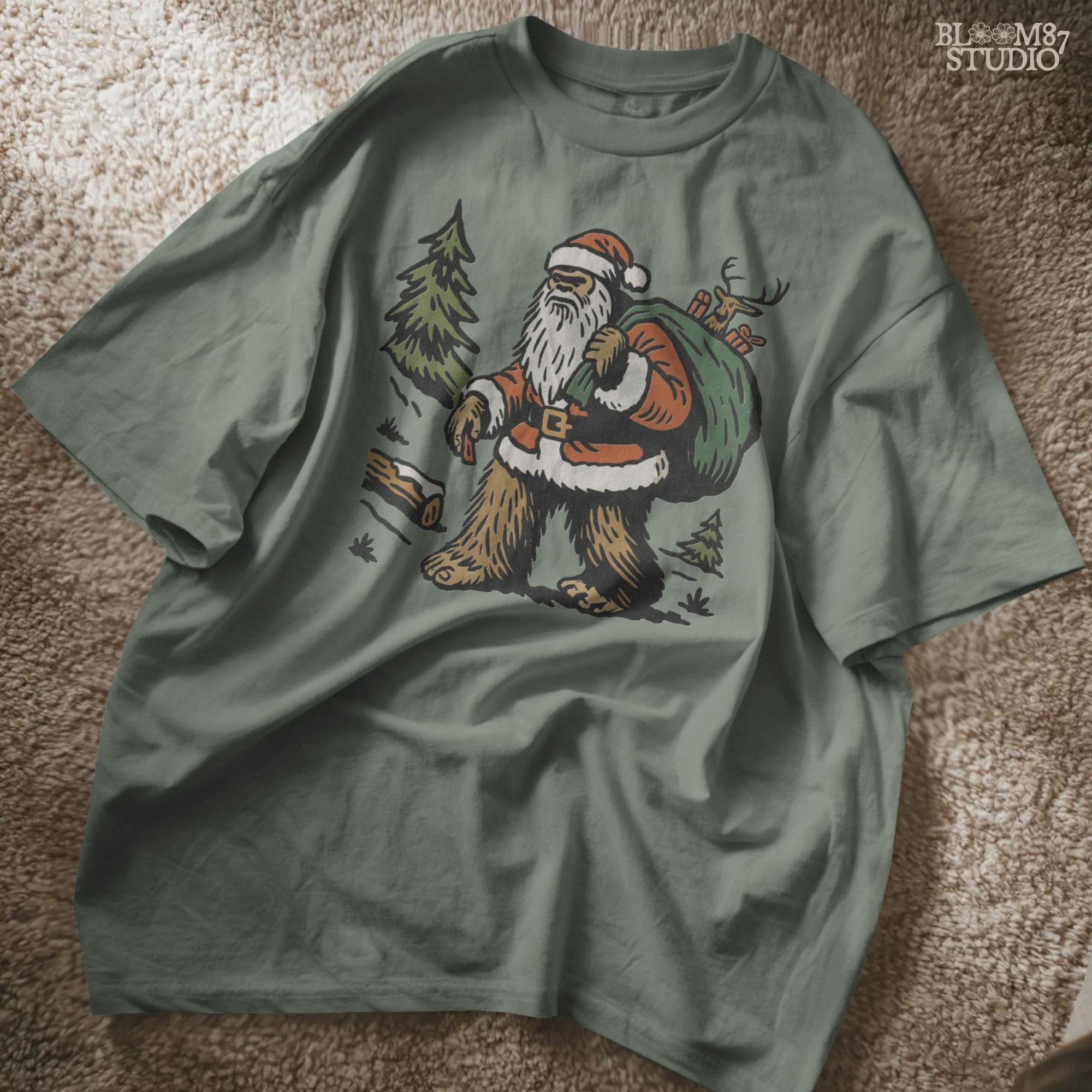 Solid version:
“Bigfoot dressed as Santa carrying green sack with reindeer and gifts in woodland scene – Christmas sublimation PNG for holiday crafts”

Distressed version:
“Vintage distressed sublimation PNG of Santa Bigfoot with sack of gifts and reindeer in rustic woodland scene – Christmas holiday shirt design”