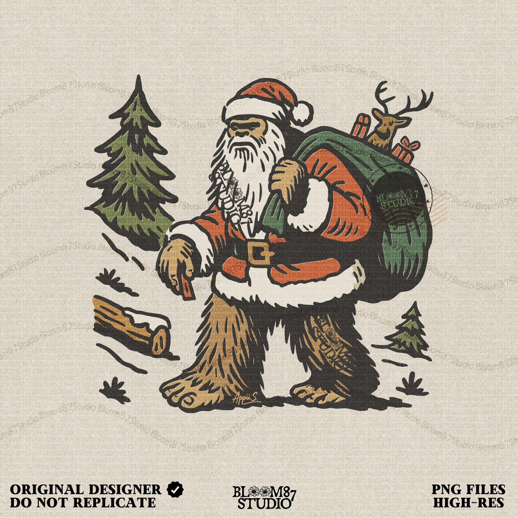 Solid version:
“Bigfoot dressed as Santa carrying green sack with reindeer and gifts in woodland scene – Christmas sublimation PNG for holiday crafts”

Distressed version:
“Vintage distressed sublimation PNG of Santa Bigfoot with sack of gifts and reindeer in rustic woodland scene – Christmas holiday shirt design”
