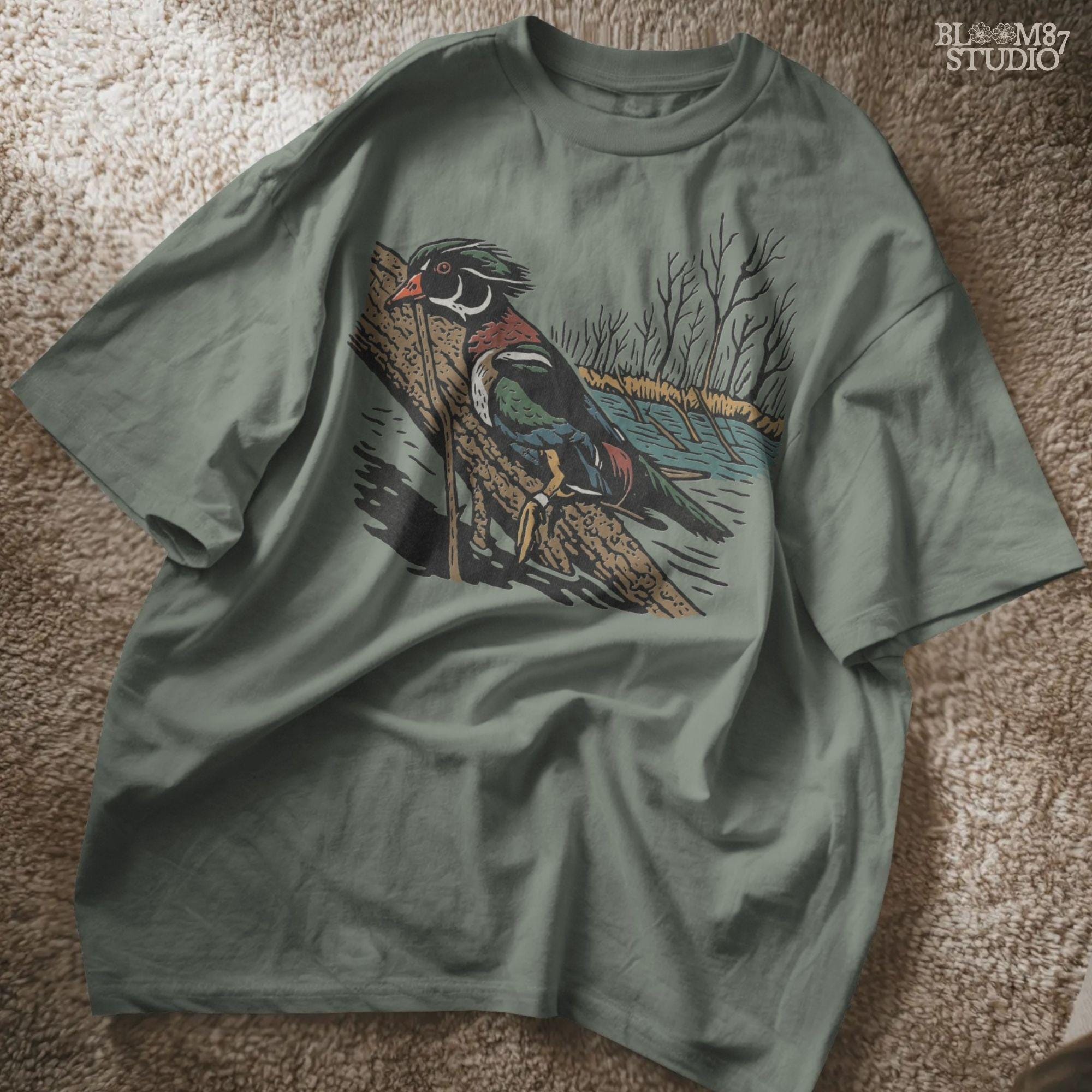 Solid version:
“Colorful wood duck perched on tree branch by lake with trees – waterfowl sublimation PNG for hunting and outdoor crafts”

Distressed version:
“Vintage distressed sublimation PNG of wood duck on branch by lake and trees – rustic hunting and lodge décor design”