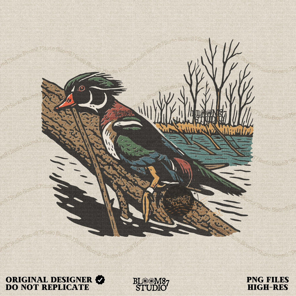 Solid version:
“Colorful wood duck perched on tree branch by lake with trees – waterfowl sublimation PNG for hunting and outdoor crafts”

Distressed version:
“Vintage distressed sublimation PNG of wood duck on branch by lake and trees – rustic hunting and lodge décor design”