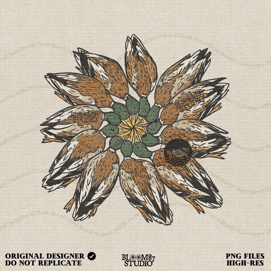 Solid version:
“Harvested ducks arranged in a circle graphic – duck hunting sublimation PNG for rustic lodge décor and outdoor crafts”

Distressed version:
“Vintage distressed sublimation PNG of hunted ducks displayed in circular pattern – rustic hunting lodge and fall season design”