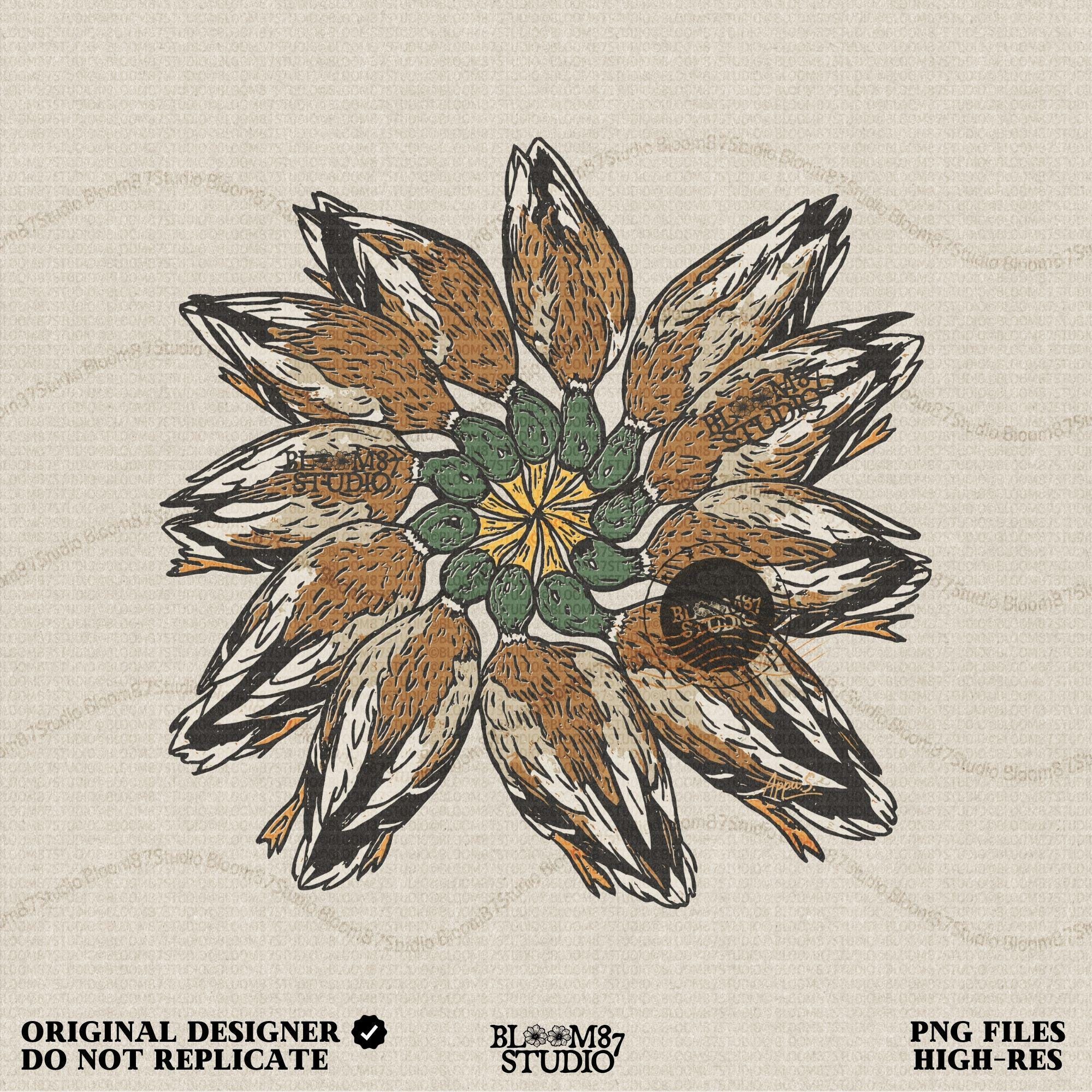 Solid version:
“Harvested ducks arranged in a circle graphic – duck hunting sublimation PNG for rustic lodge décor and outdoor crafts”

Distressed version:
“Vintage distressed sublimation PNG of hunted ducks displayed in circular pattern – rustic hunting lodge and fall season design”