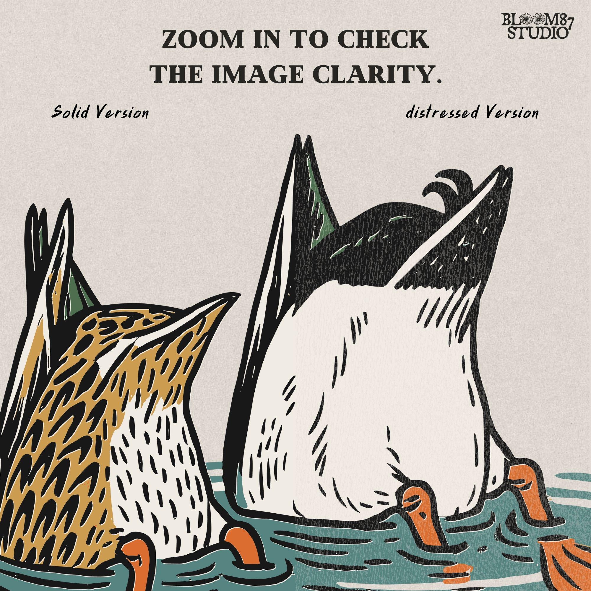Solid version:
“Two ducks dabbling with tails up and feet in water – funny duck sublimation PNG for hunting shirts and rustic crafts”

Distressed version:
“Vintage distressed sublimation PNG of two ducks with tails up in pond – funny waterfowl hunting and rustic outdoor design”