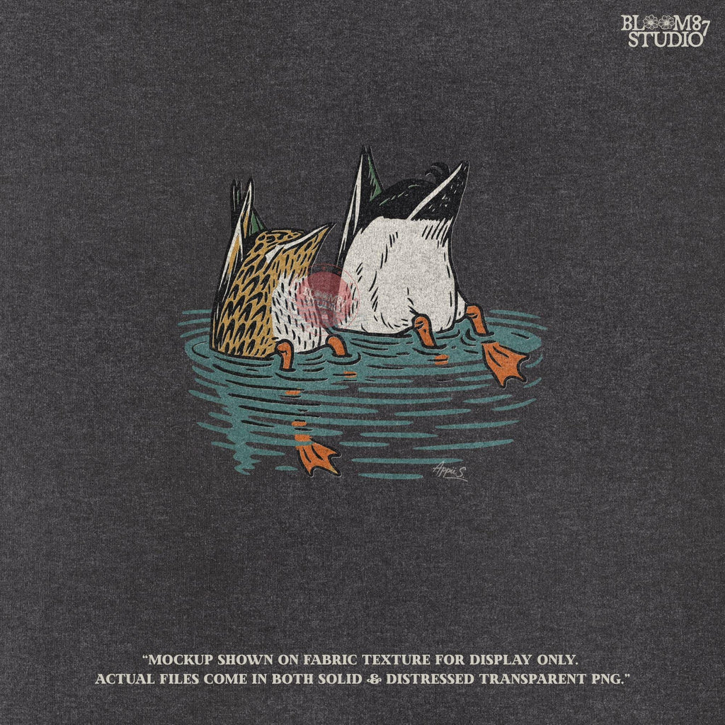 Solid version:
“Two ducks dabbling with tails up and feet in water – funny duck sublimation PNG for hunting shirts and rustic crafts”

Distressed version:
“Vintage distressed sublimation PNG of two ducks with tails up in pond – funny waterfowl hunting and rustic outdoor design”