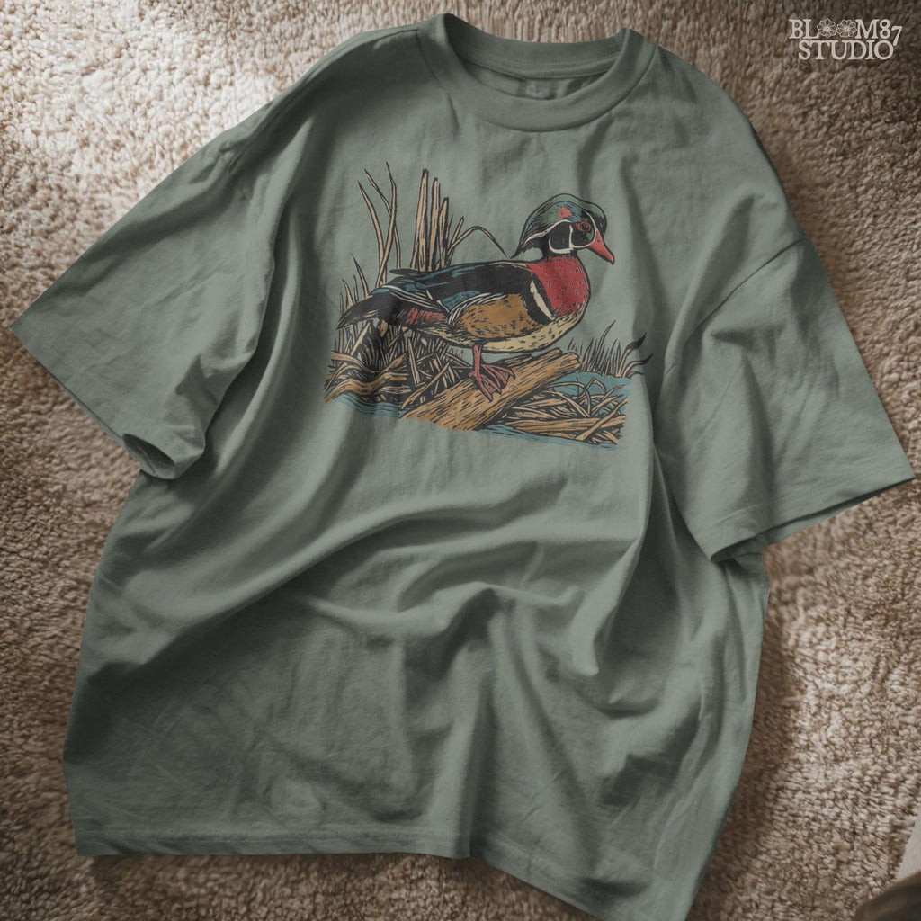 Solid version:
“Wood duck perched on log with marsh grass background – waterfowl sublimation PNG for hunting shirts and rustic cabin crafts”

Distressed version:
“Vintage distressed sublimation PNG of wood duck on log with marsh grass – rustic hunting and fall outdoor craft design”