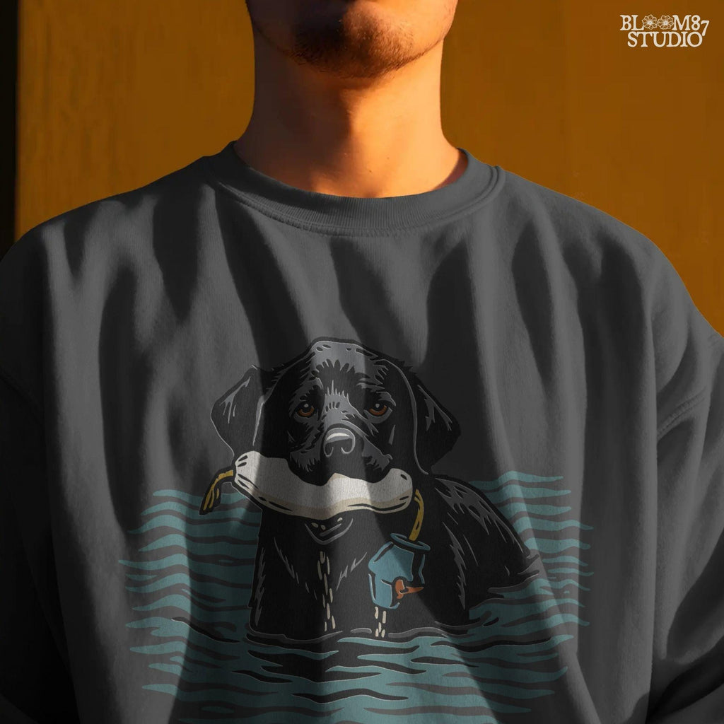 Solid version:
“Black lab retriever swimming in water holding training bumper – hunting dog sublimation PNG for shirts and outdoor crafts”

Distressed version:
“Vintage distressed sublimation PNG of black lab hunting retriever with bumper in water – rustic outdoor and hunting shirt design”