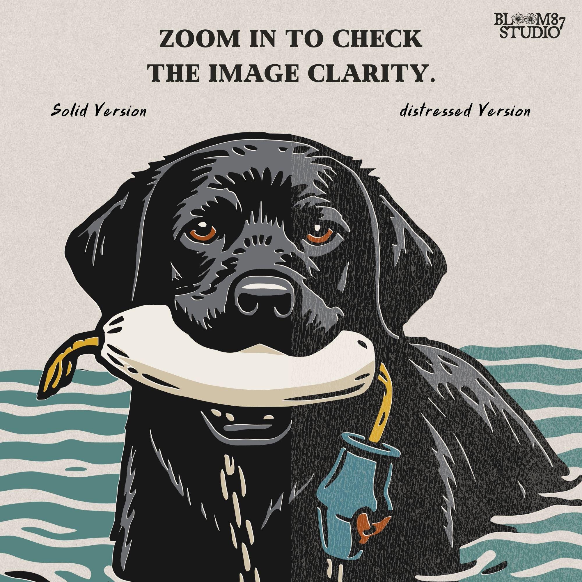 Solid version:
“Black lab retriever swimming in water holding training bumper – hunting dog sublimation PNG for shirts and outdoor crafts”

Distressed version:
“Vintage distressed sublimation PNG of black lab hunting retriever with bumper in water – rustic outdoor and hunting shirt design”