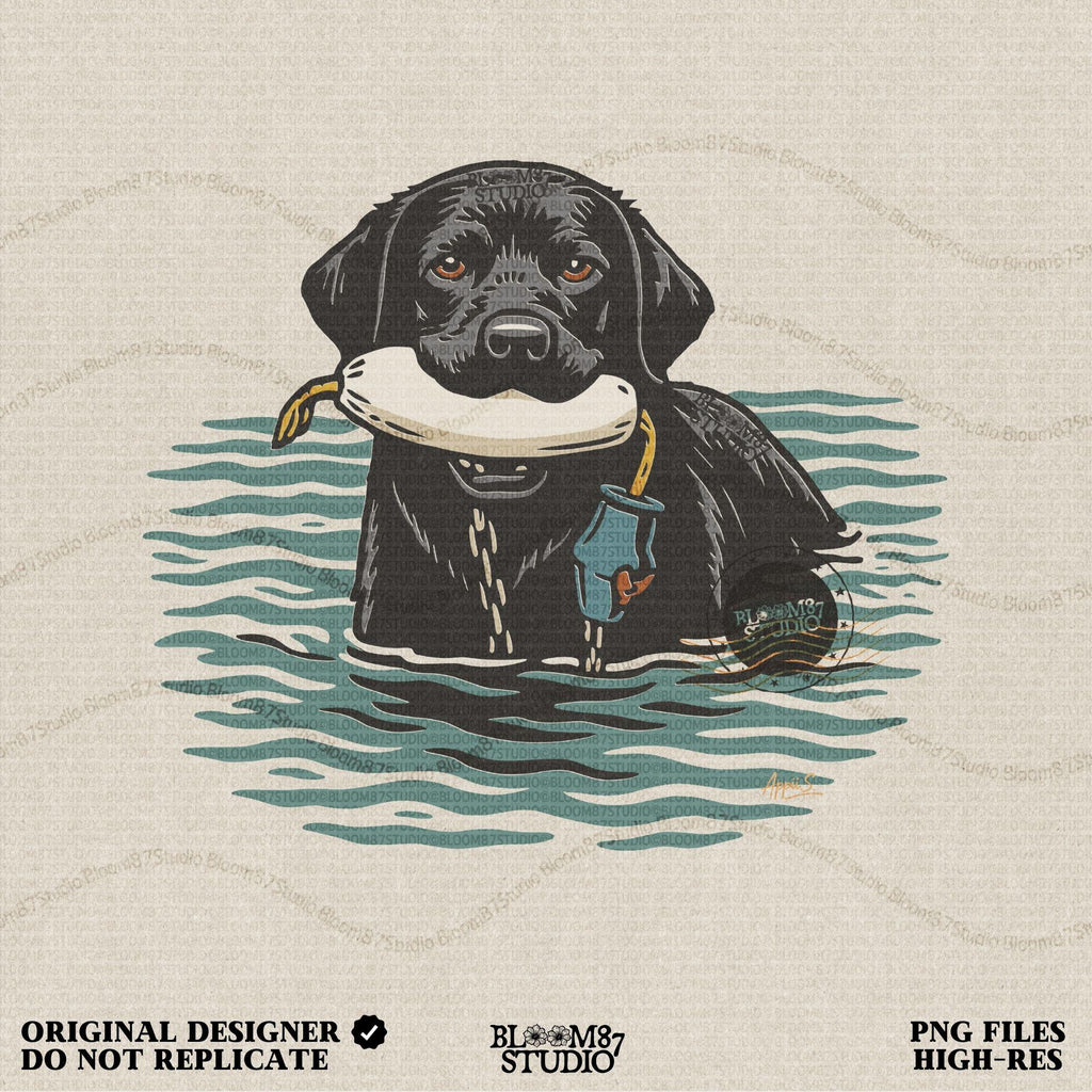 Solid version:
“Black lab retriever swimming in water holding training bumper – hunting dog sublimation PNG for shirts and outdoor crafts”

Distressed version:
“Vintage distressed sublimation PNG of black lab hunting retriever with bumper in water – rustic outdoor and hunting shirt design”