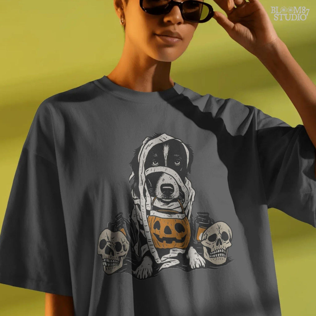 Solid version:
“Dog dressed as a mummy holding pumpkin bucket with skulls and lanterns – Halloween dog sublimation PNG for spooky crafts”

Distressed version:
“Vintage distressed sublimation PNG of mummy dog with pumpkin bucket and skulls – spooky Halloween pet artwork for fall designs”