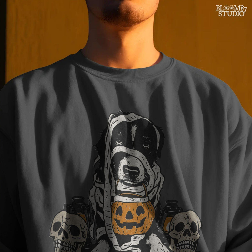 Solid version:
“Dog dressed as a mummy holding pumpkin bucket with skulls and lanterns – Halloween dog sublimation PNG for spooky crafts”

Distressed version:
“Vintage distressed sublimation PNG of mummy dog with pumpkin bucket and skulls – spooky Halloween pet artwork for fall designs”