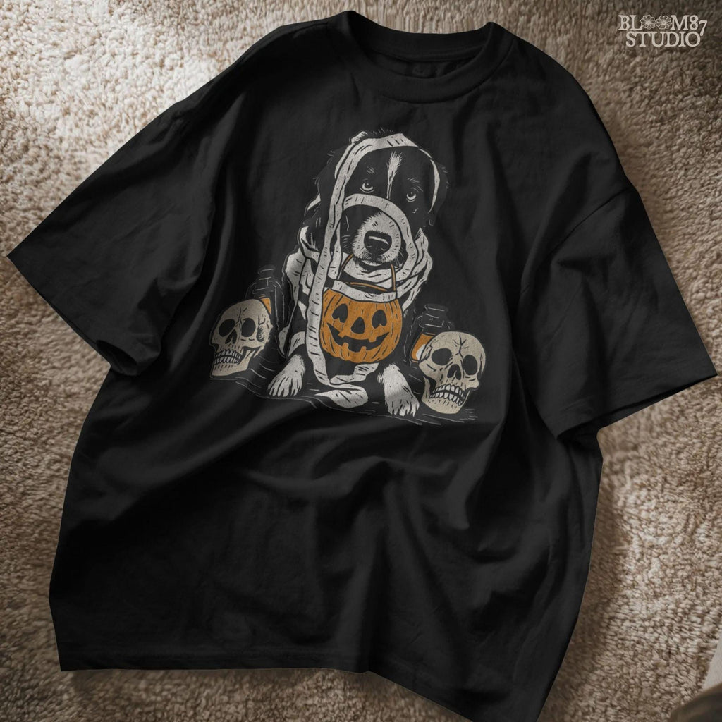Solid version:
“Dog dressed as a mummy holding pumpkin bucket with skulls and lanterns – Halloween dog sublimation PNG for spooky crafts”

Distressed version:
“Vintage distressed sublimation PNG of mummy dog with pumpkin bucket and skulls – spooky Halloween pet artwork for fall designs”
