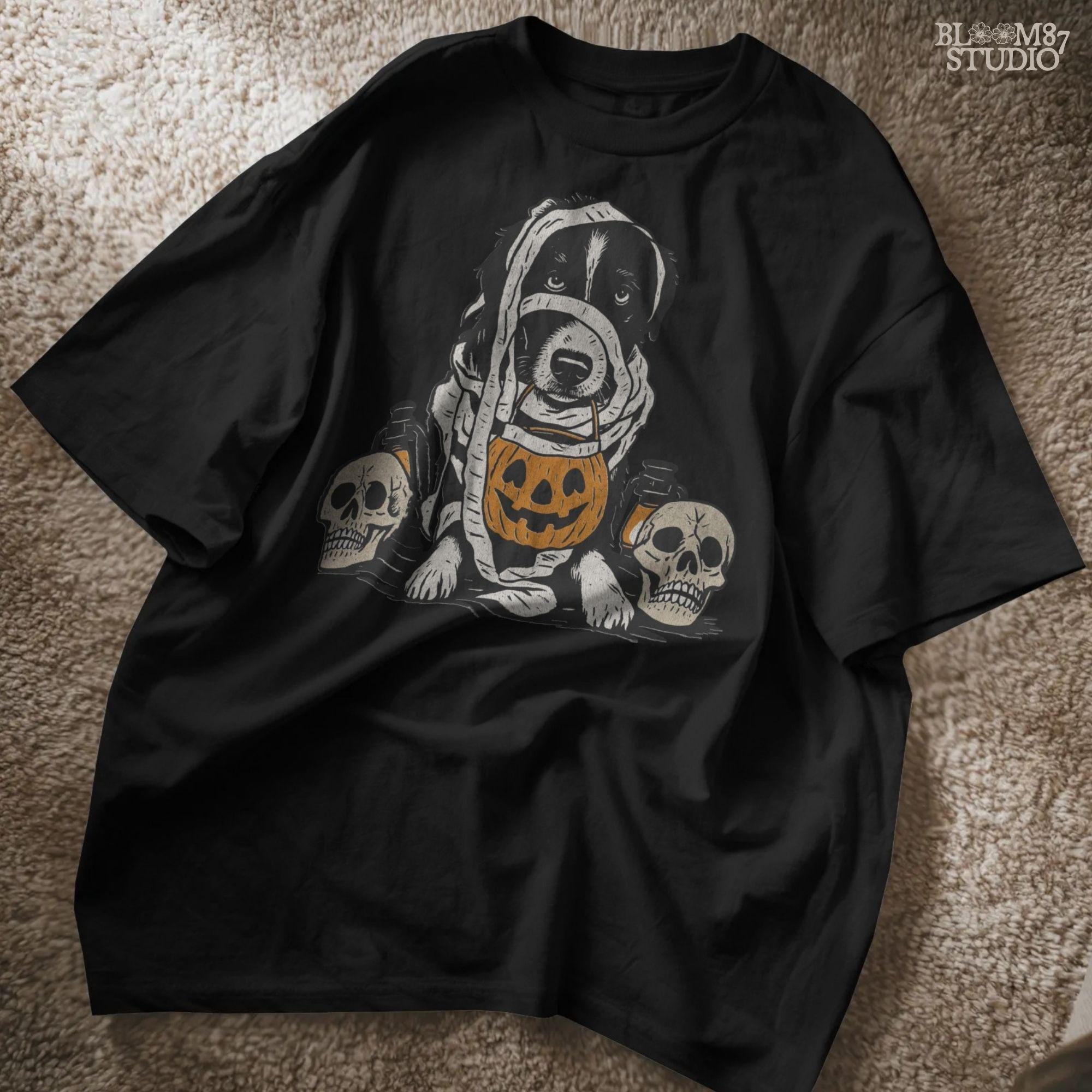 Solid version:
“Dog dressed as a mummy holding pumpkin bucket with skulls and lanterns – Halloween dog sublimation PNG for spooky crafts”

Distressed version:
“Vintage distressed sublimation PNG of mummy dog with pumpkin bucket and skulls – spooky Halloween pet artwork for fall designs”