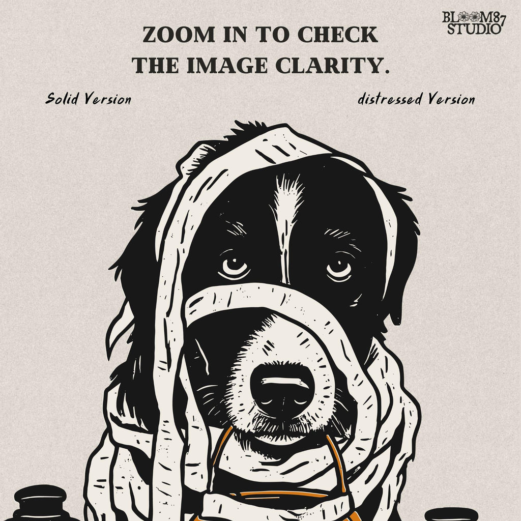 Solid version:
“Dog dressed as a mummy holding pumpkin bucket with skulls and lanterns – Halloween dog sublimation PNG for spooky crafts”

Distressed version:
“Vintage distressed sublimation PNG of mummy dog with pumpkin bucket and skulls – spooky Halloween pet artwork for fall designs”