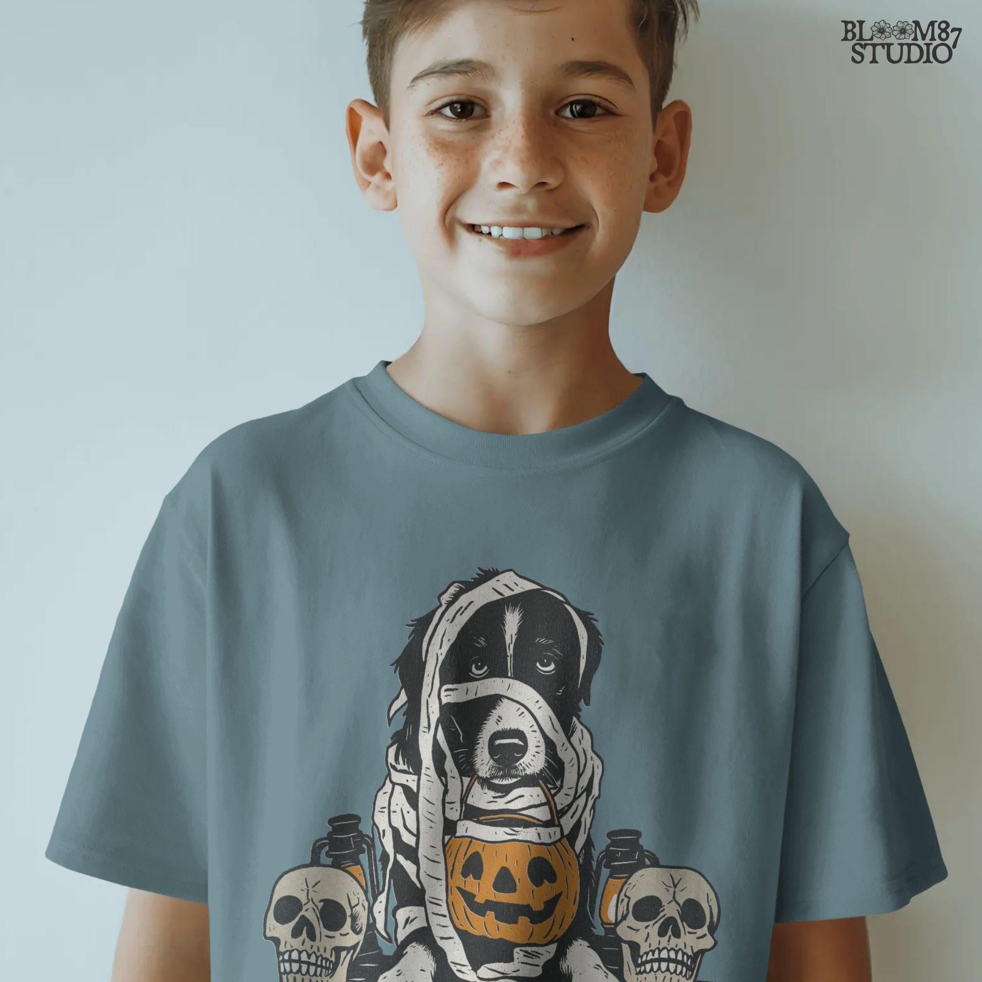 Solid version:
“Dog dressed as a mummy holding pumpkin bucket with skulls and lanterns – Halloween dog sublimation PNG for spooky crafts”

Distressed version:
“Vintage distressed sublimation PNG of mummy dog with pumpkin bucket and skulls – spooky Halloween pet artwork for fall designs”