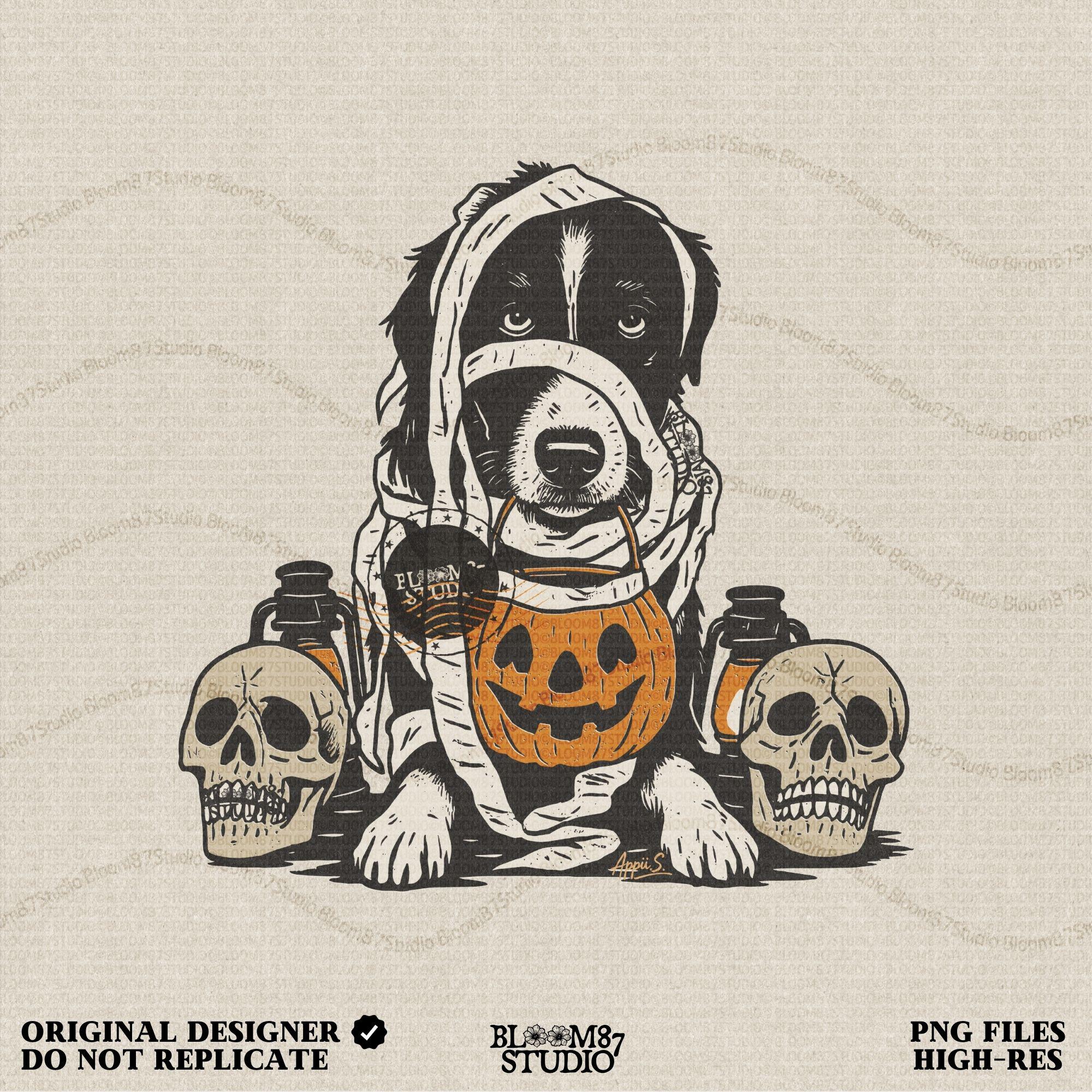 Solid version:
“Dog dressed as a mummy holding pumpkin bucket with skulls and lanterns – Halloween dog sublimation PNG for spooky crafts”

Distressed version:
“Vintage distressed sublimation PNG of mummy dog with pumpkin bucket and skulls – spooky Halloween pet artwork for fall designs”