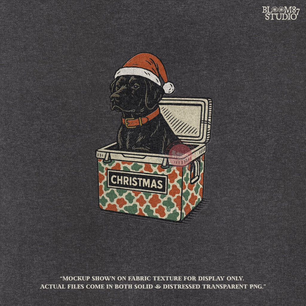 Solid version:
“Black lab dog wearing Santa hat sitting inside Christmas cooler box – holiday sublimation PNG for festive crafts and pet lover gifts”

Distressed version:
“Vintage distressed PNG of black lab with Santa hat in Christmas cooler – festive sublimation design for winter crafts and décor”