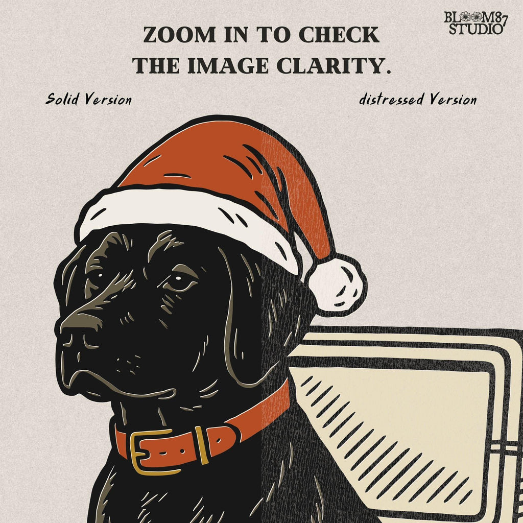 Solid version:
“Black lab dog wearing Santa hat sitting inside Christmas cooler box – holiday sublimation PNG for festive crafts and pet lover gifts”

Distressed version:
“Vintage distressed PNG of black lab with Santa hat in Christmas cooler – festive sublimation design for winter crafts and décor”