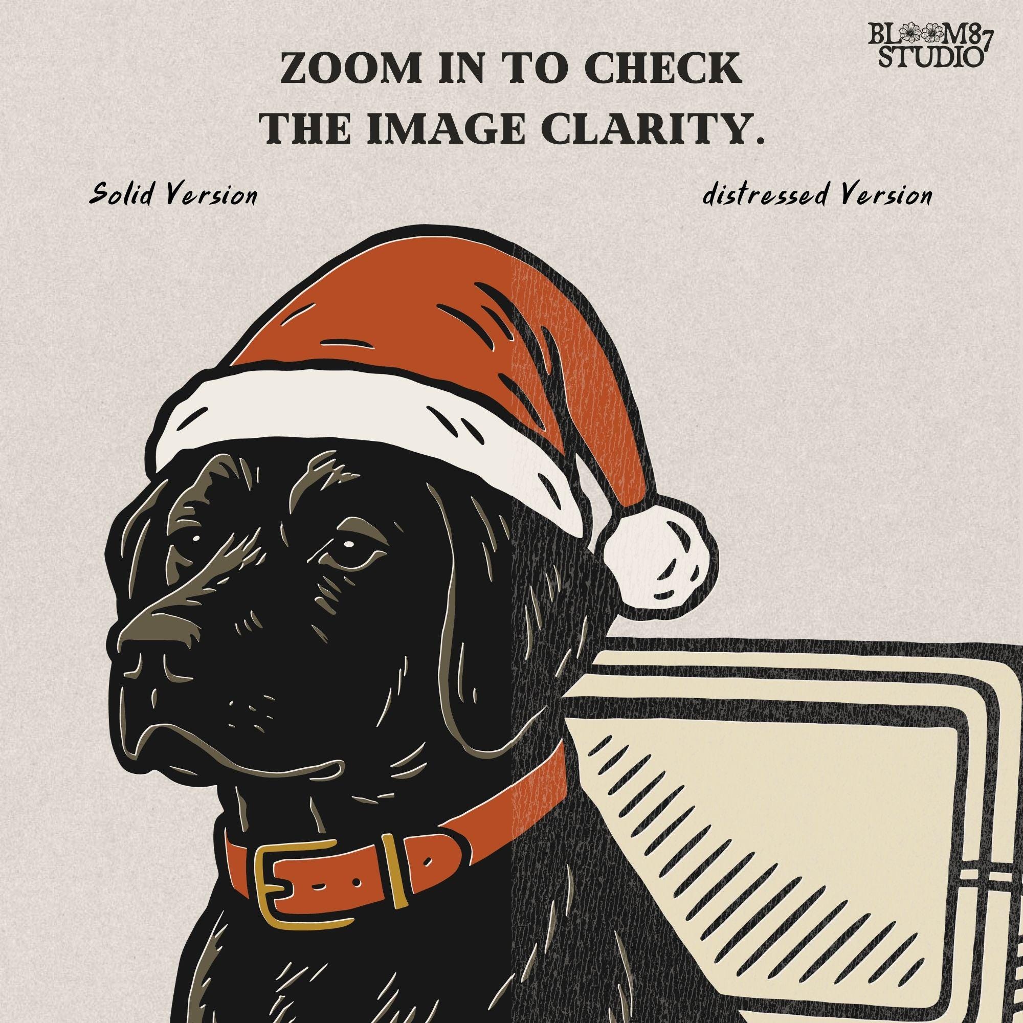 Solid version:
“Black lab dog wearing Santa hat sitting inside Christmas cooler box – holiday sublimation PNG for festive crafts and pet lover gifts”

Distressed version:
“Vintage distressed PNG of black lab with Santa hat in Christmas cooler – festive sublimation design for winter crafts and décor”