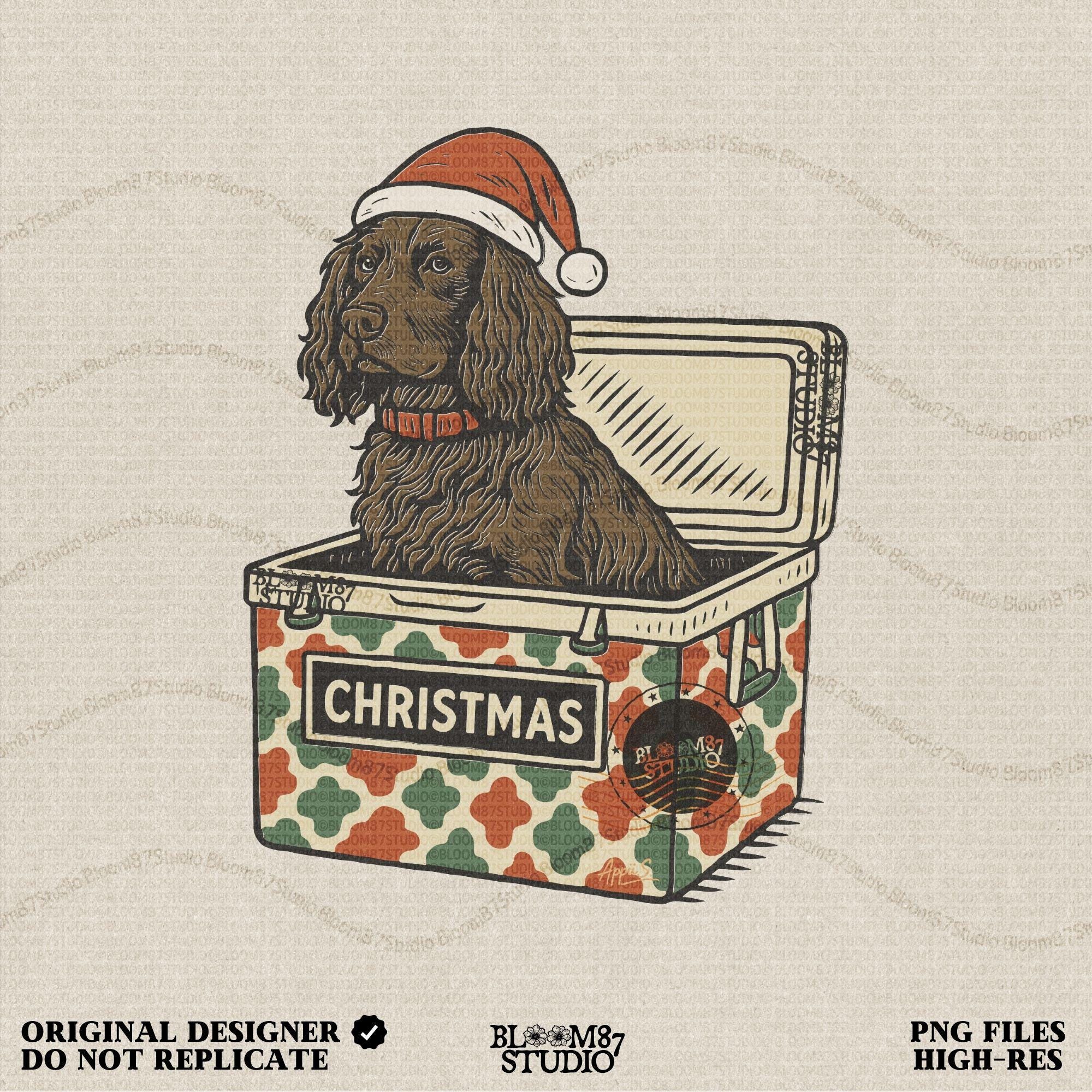 “Brown spaniel dog wearing Santa hat sitting inside Christmas cooler box – holiday sublimation PNG for festive crafts and pet lover gifts”

Distressed version:
“Vintage distressed PNG of spaniel dog with Santa hat in Christmas cooler – festive sublimation design for winter crafts and holiday décor”