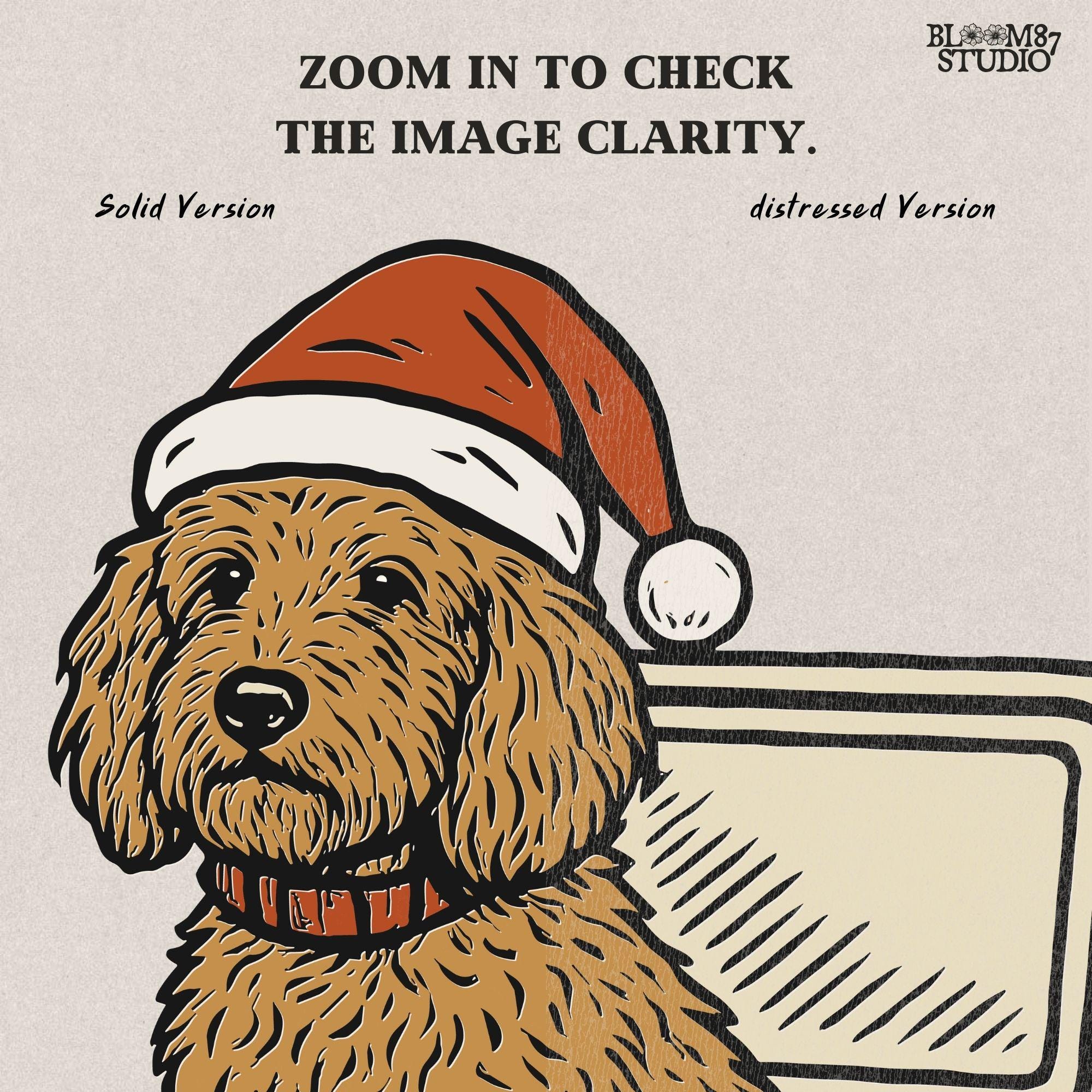 Solid version:
“Brown spaniel dog wearing Santa hat sitting inside Christmas cooler box – holiday sublimation PNG for festive crafts and pet lover gifts”

Distressed version:
“Vintage distressed PNG of spaniel dog with Santa hat in Christmas cooler – festive sublimation design for winter crafts and holiday décor”