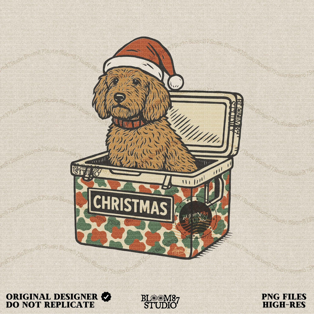 Solid version:
“Brown spaniel dog wearing Santa hat sitting inside Christmas cooler box – holiday sublimation PNG for festive crafts and pet lover gifts”

Distressed version:
“Vintage distressed PNG of spaniel dog with Santa hat in Christmas cooler – festive sublimation design for winter crafts and holiday décor”