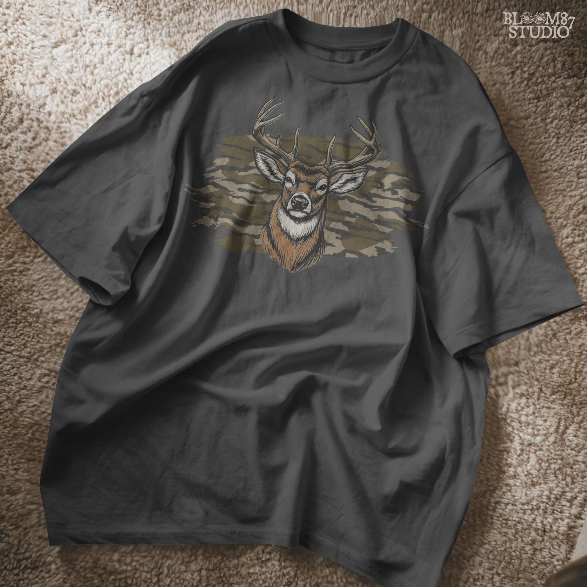 Solid version:
“Deer head with antlers in front of camouflage background – PNG for hunting sublimation, rustic lodge art, and fall crafts”

Distressed version:
“Vintage distressed PNG of deer head with antlers over camo background – rustic hunting design for shirts, mugs, and lodge décor”