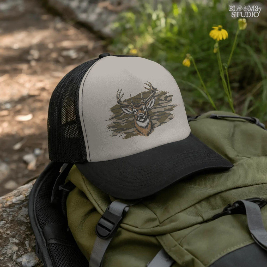 Solid version:
“Deer head with antlers in front of camouflage background – PNG for hunting sublimation, rustic lodge art, and fall crafts”

Distressed version:
“Vintage distressed PNG of deer head with antlers over camo background – rustic hunting design for shirts, mugs, and lodge décor”