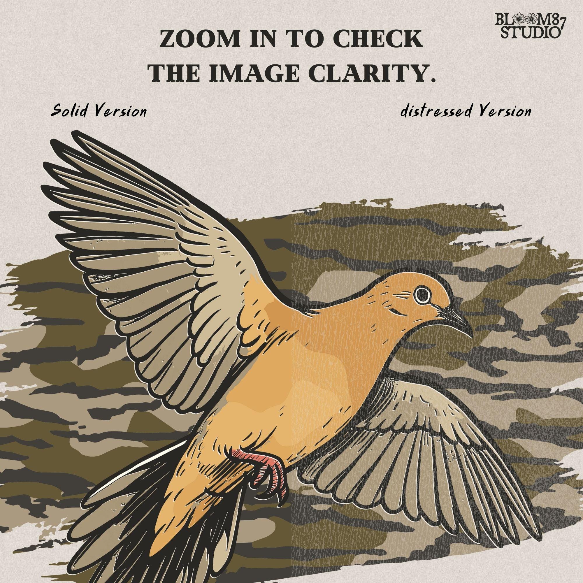 Solid version: Illustration of a mourning dove flying with wings spread, set against a camouflage background, hunting sublimation PNG.
Distressed version: Vintage mourning dove in flight with camo background, rustic distressed hunting PNG for outdoor crafts.