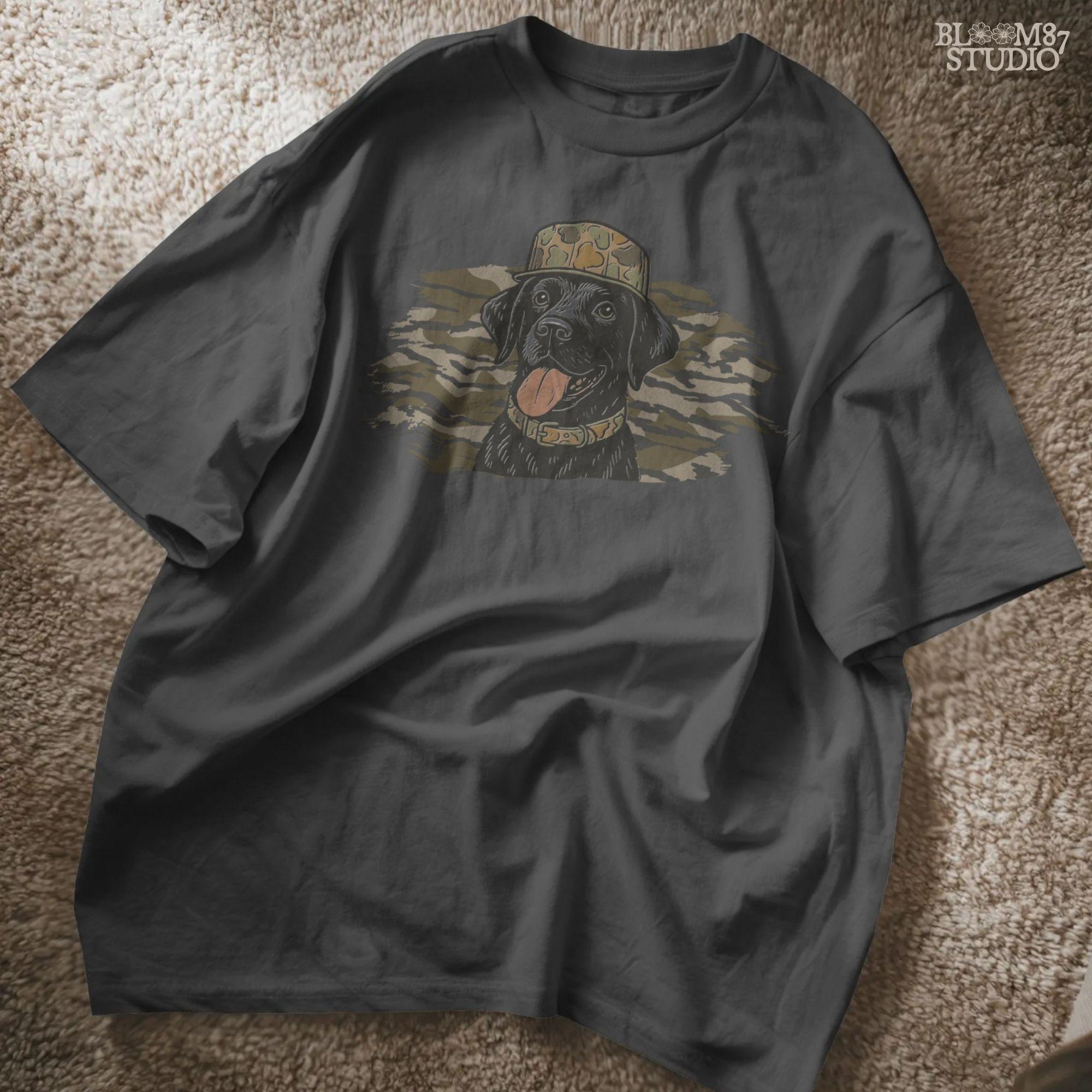Solid version: Illustration of a black Labrador retriever wearing a camo hat and collar with camouflage background, hunting sublimation PNG.
Distressed version: Vintage distressed black lab with camo hat and collar against camo background, rustic hunting dog sublimation PNG.