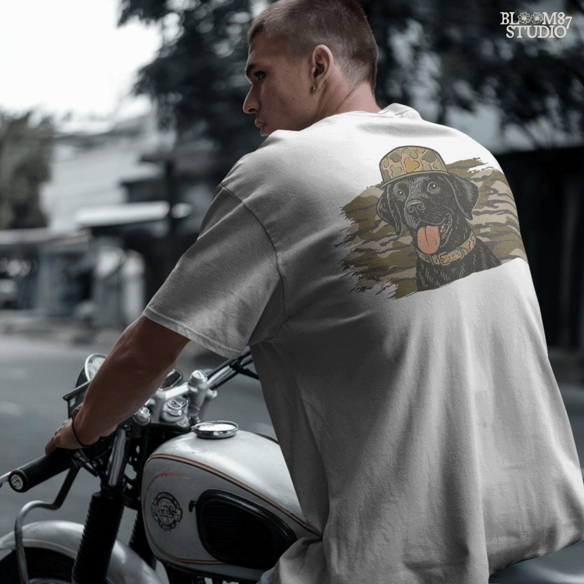 Solid version: Illustration of a black Labrador retriever wearing a camo hat and collar with camouflage background, hunting sublimation PNG.
Distressed version: Vintage distressed black lab with camo hat and collar against camo background, rustic hunting dog sublimation PNG.