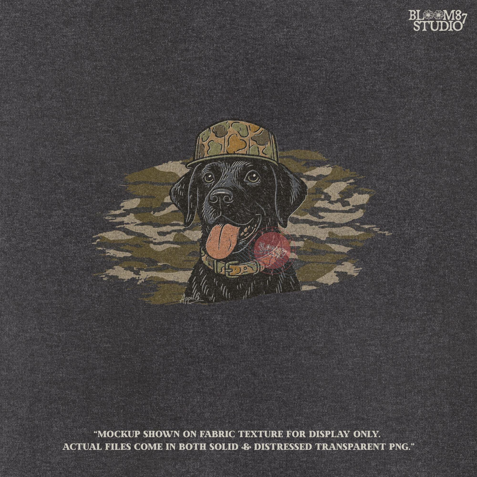 Solid version: Illustration of a black Labrador retriever wearing a camo hat and collar with camouflage background, hunting sublimation PNG.
Distressed version: Vintage distressed black lab with camo hat and collar against camo background, rustic hunting dog sublimation PNG.