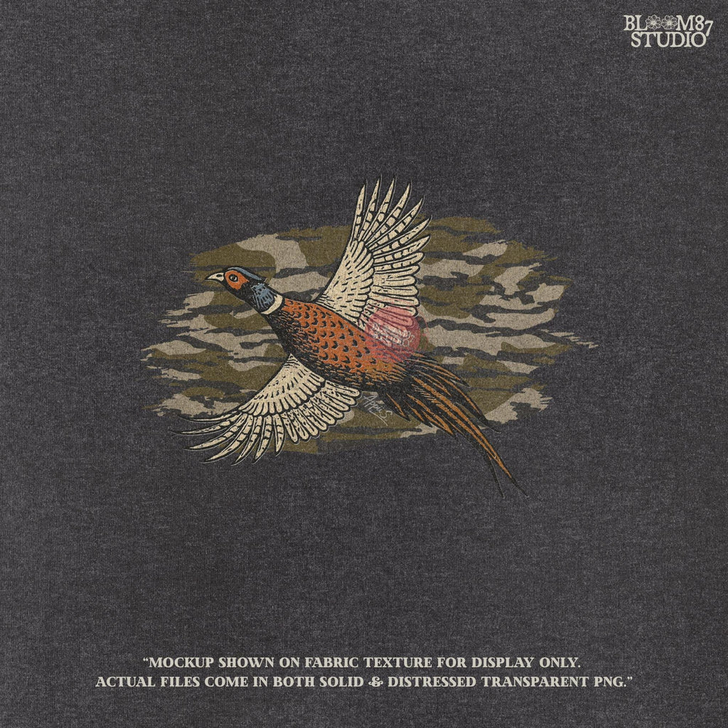 Solid version: Illustration of a flying pheasant with camouflage background, hunting sublimation PNG.
Distressed version: Vintage distressed pheasant in flight with camo backdrop, rustic hunting sublimation PNG.