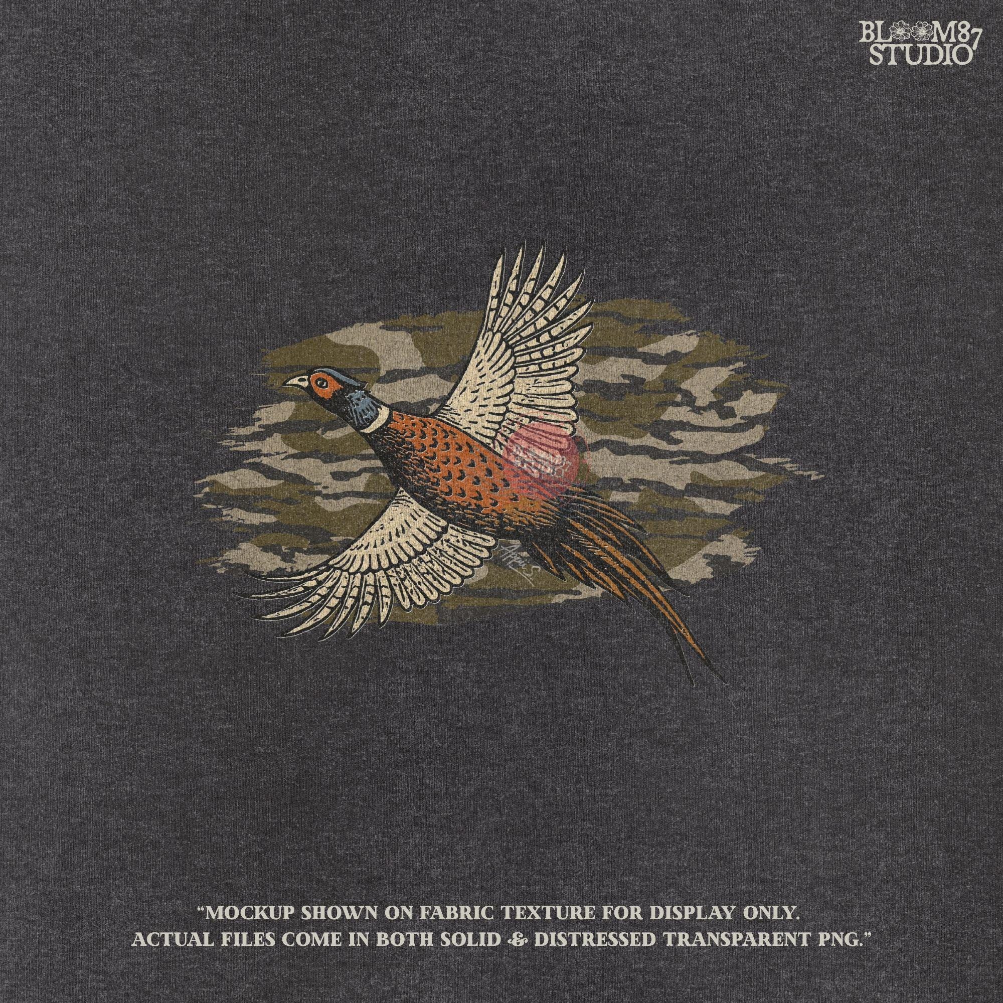 Solid version: Illustration of a flying pheasant with camouflage background, hunting sublimation PNG.
Distressed version: Vintage distressed pheasant in flight with camo backdrop, rustic hunting sublimation PNG.