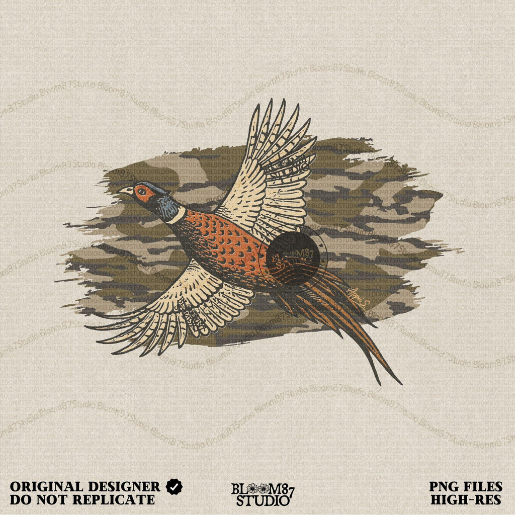 Solid version: Illustration of a flying pheasant with camouflage background, hunting sublimation PNG.
Distressed version: Vintage distressed pheasant in flight with camo backdrop, rustic hunting sublimation PNG.