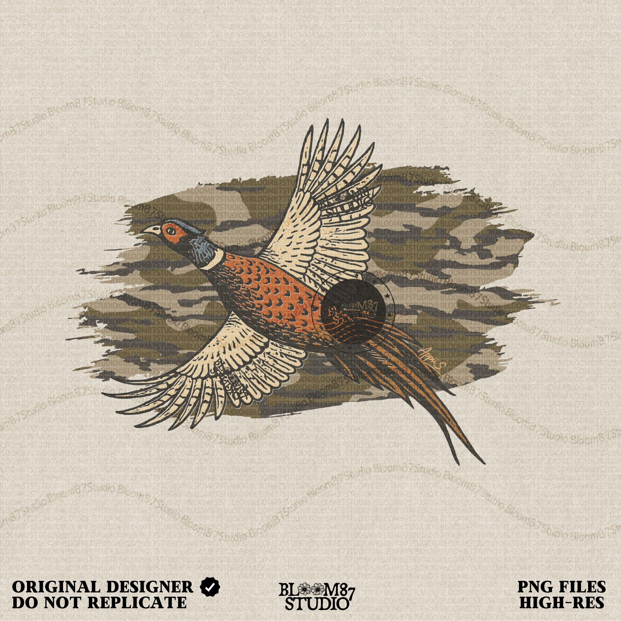 Solid version: Illustration of a flying pheasant with camouflage background, hunting sublimation PNG.
Distressed version: Vintage distressed pheasant in flight with camo backdrop, rustic hunting sublimation PNG.