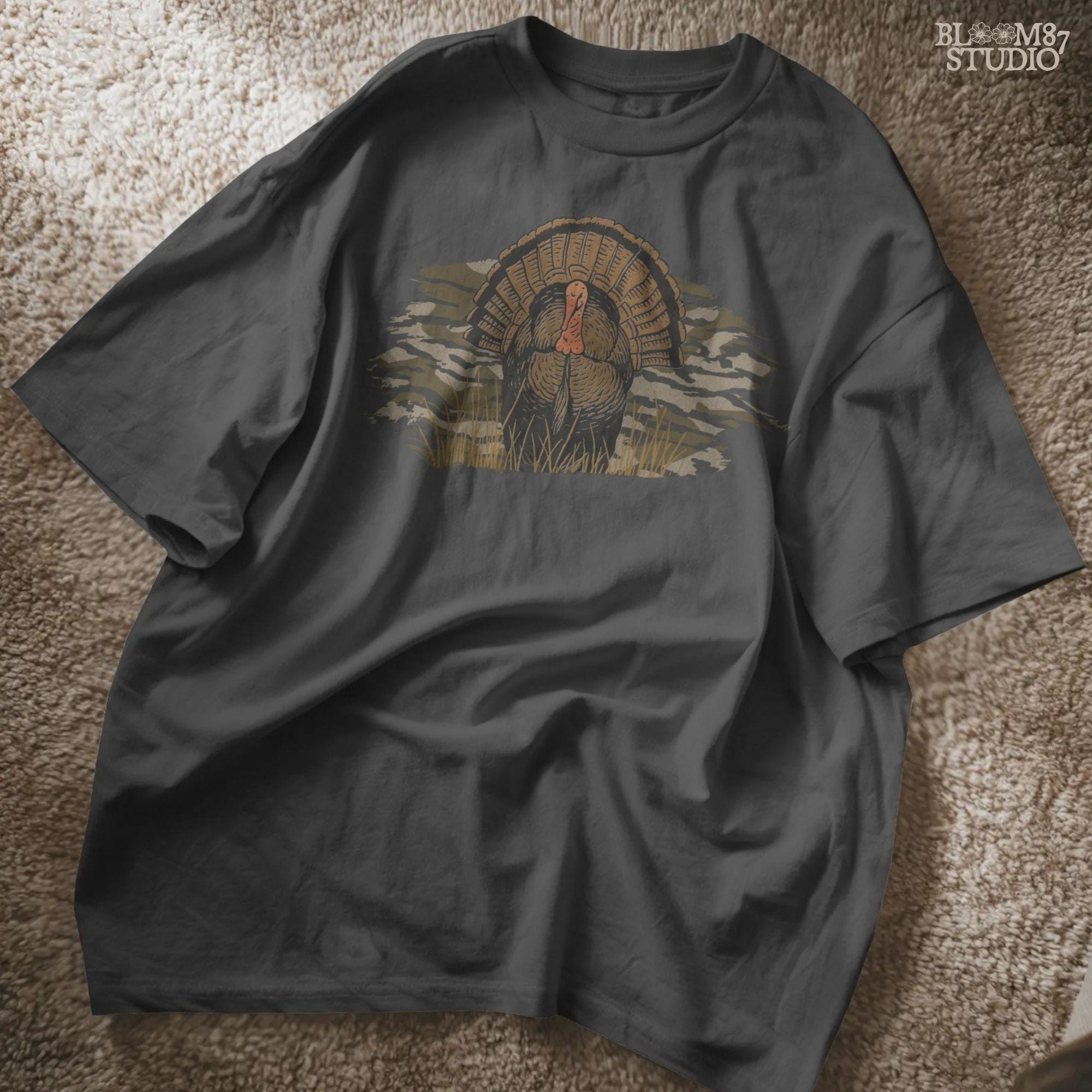 Solid version: Illustration of a wild turkey gobbler with camo background, hunting sublimation PNG.
Distressed version: Vintage distressed turkey with fan tail and camouflage backdrop, rustic hunting PNG.