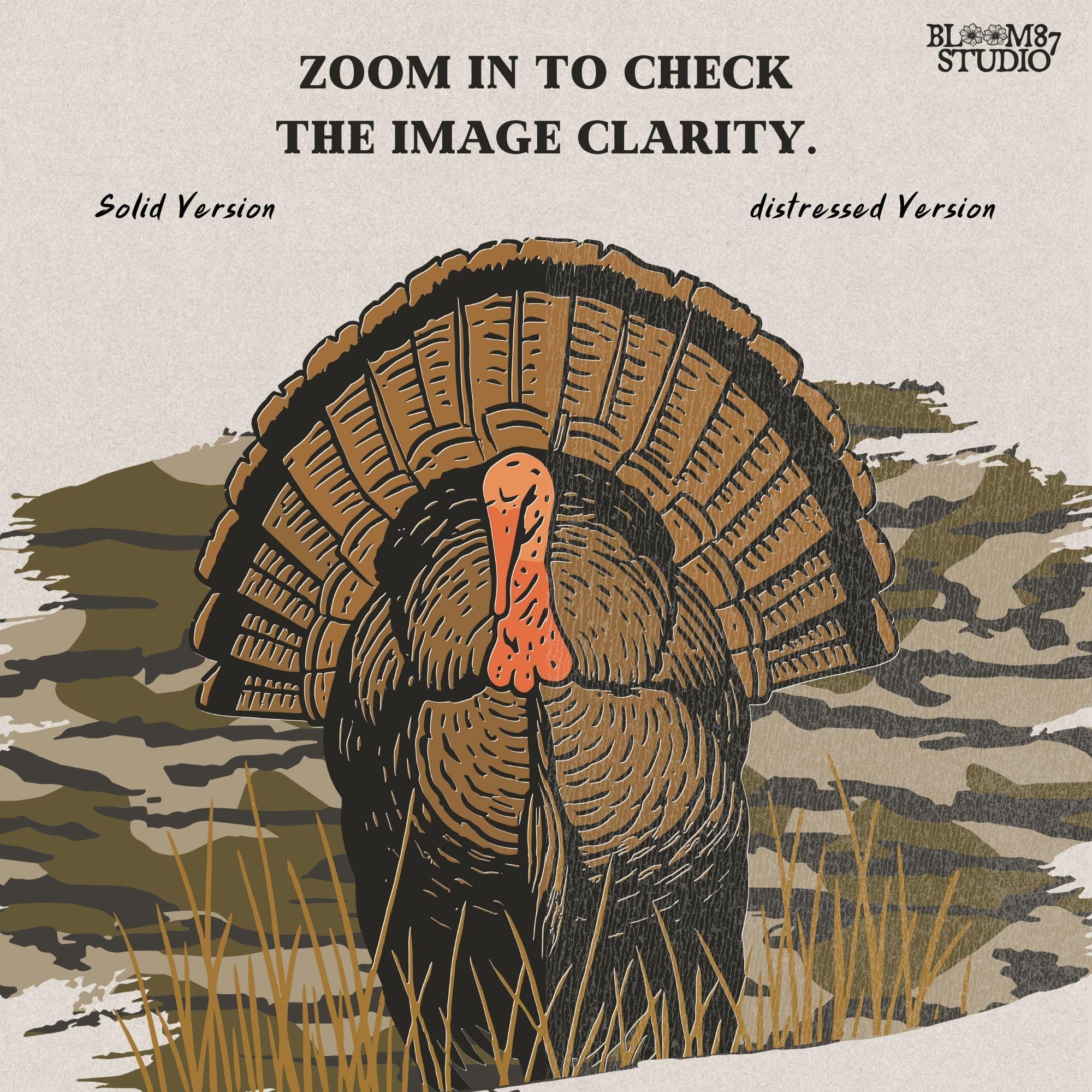 Solid version: Illustration of a wild turkey gobbler with camo background, hunting sublimation PNG.
Distressed version: Vintage distressed turkey with fan tail and camouflage backdrop, rustic hunting PNG.