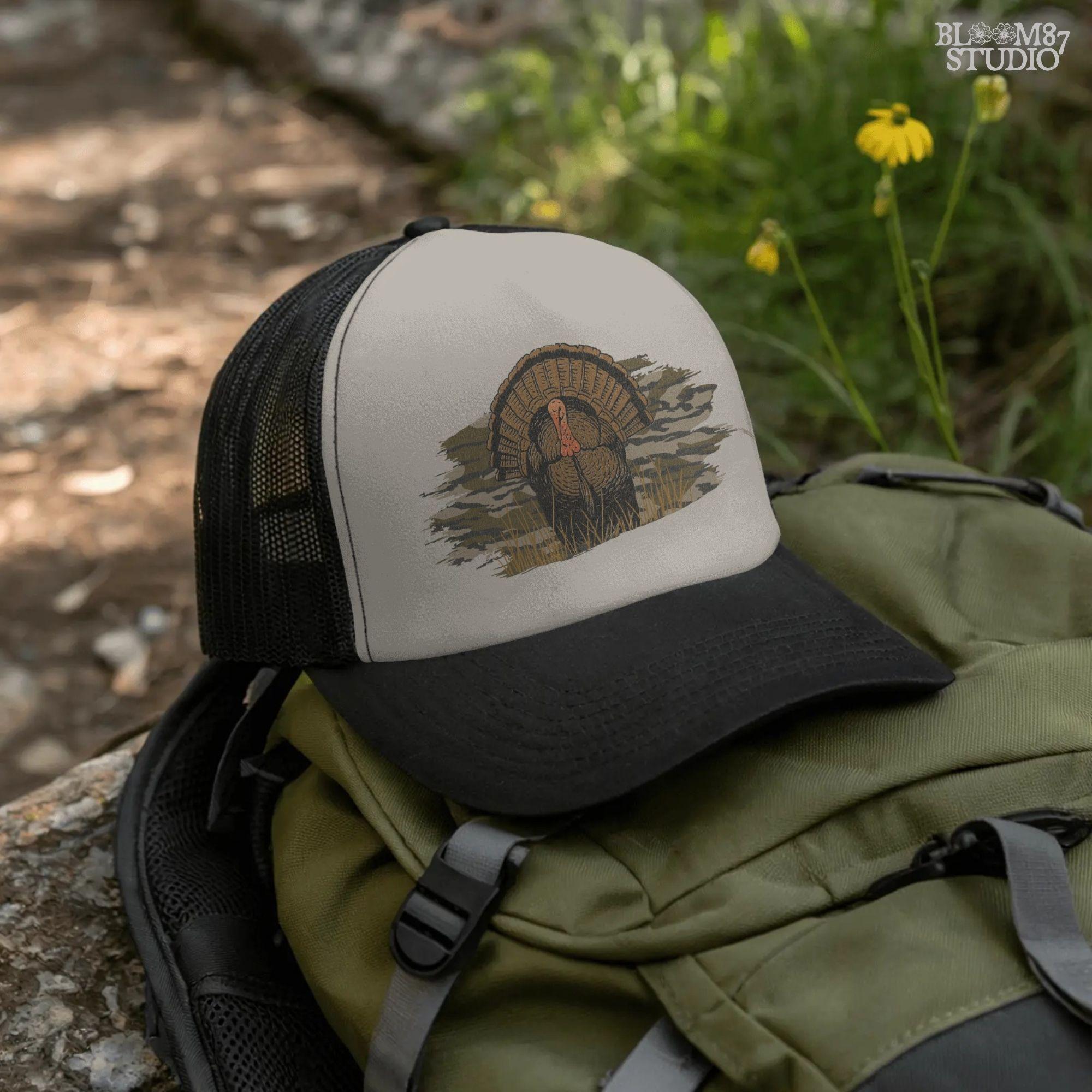 Solid version: Illustration of a wild turkey gobbler with camo background, hunting sublimation PNG.
Distressed version: Vintage distressed turkey with fan tail and camouflage backdrop, rustic hunting PNG.